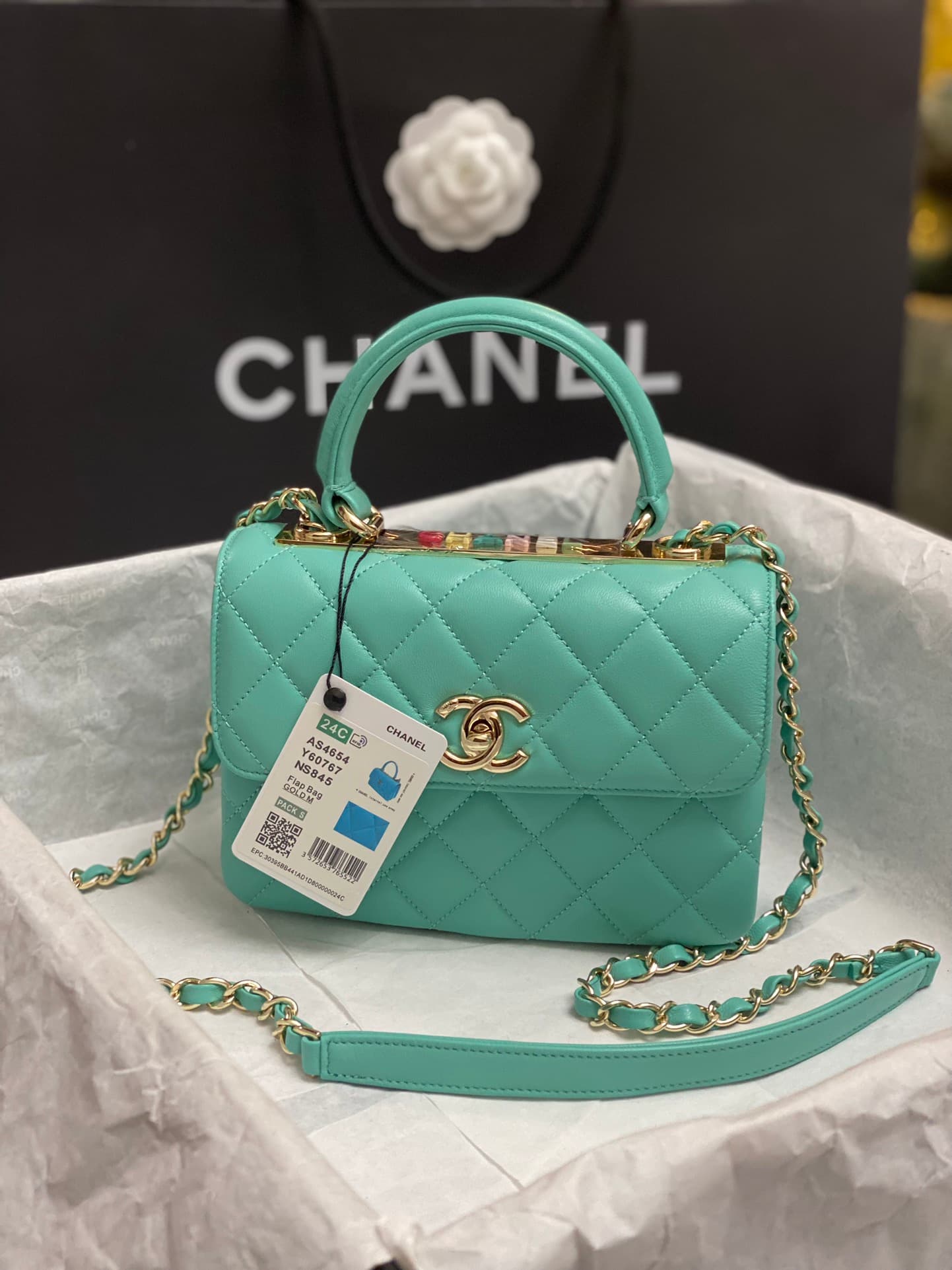 Chanel MINI FLAP BAG WITH TOP HANDLE AS4654 Lambskin &Gold-Tone Metal Blue A