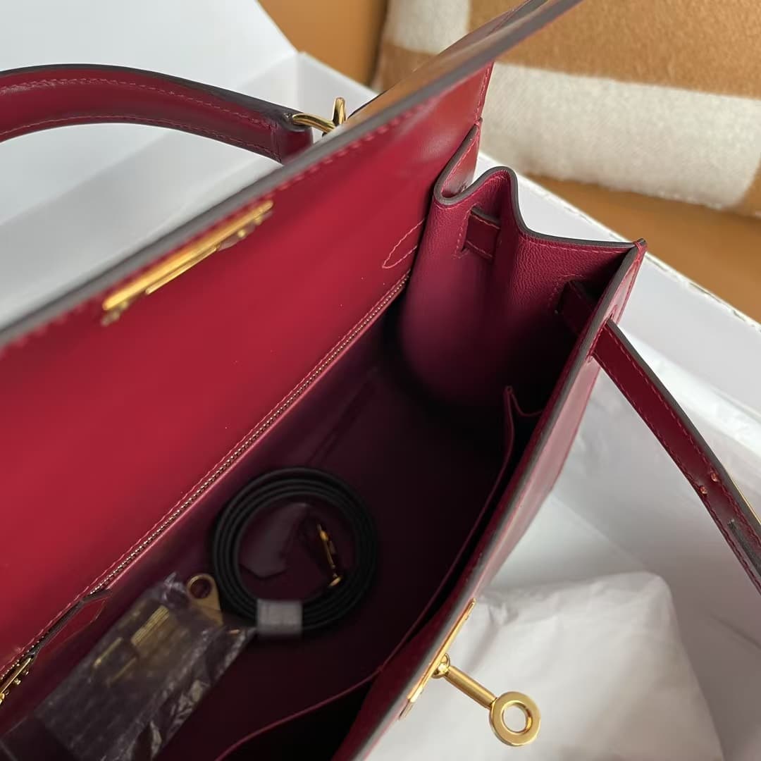 Hermes Kelly 25/28/32cm Sellier Bag Box Leather In Burgundy WAX High Customizing style