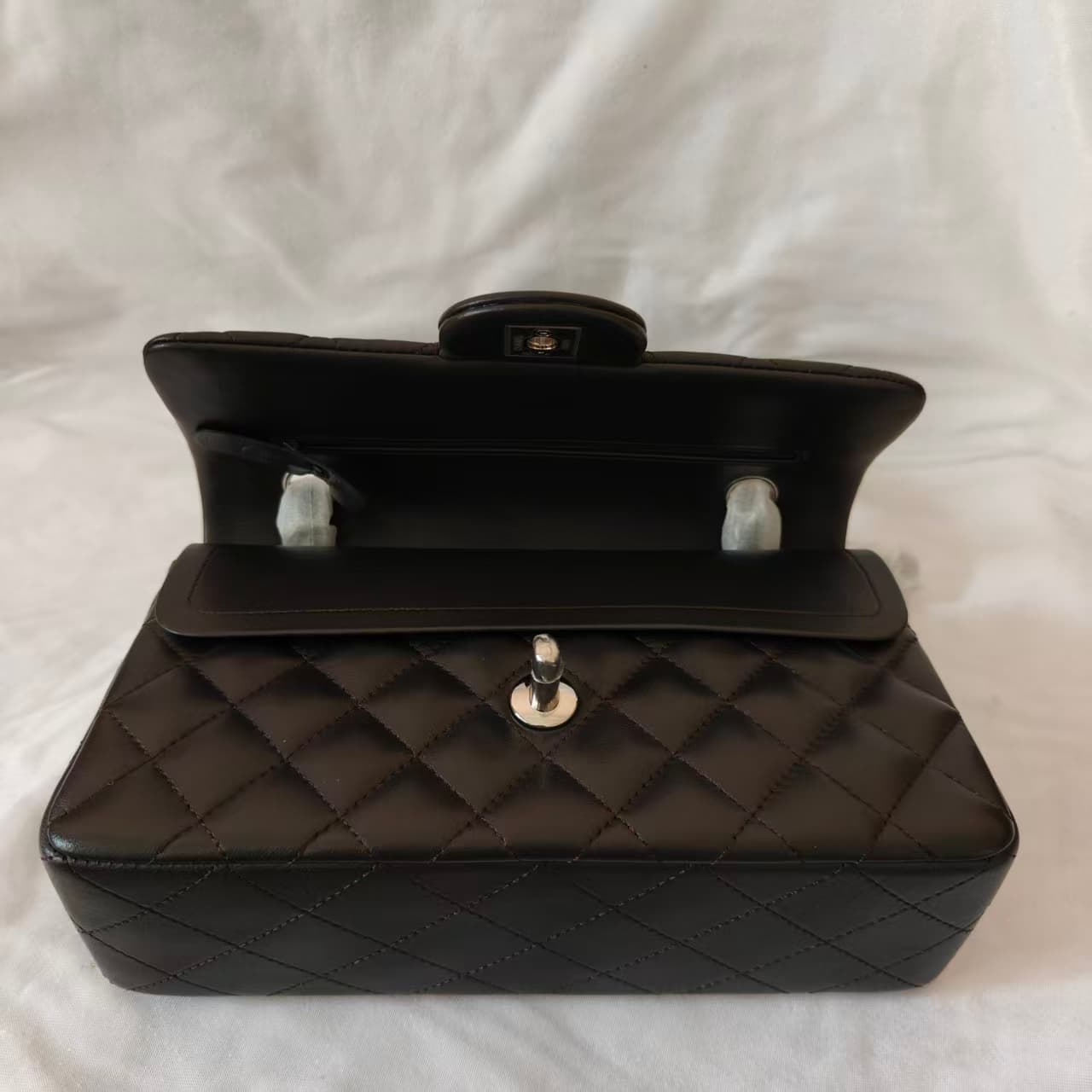 Chanel Small CLASSIC HANDBAG Lambskin Silver Metal Deep Brown A