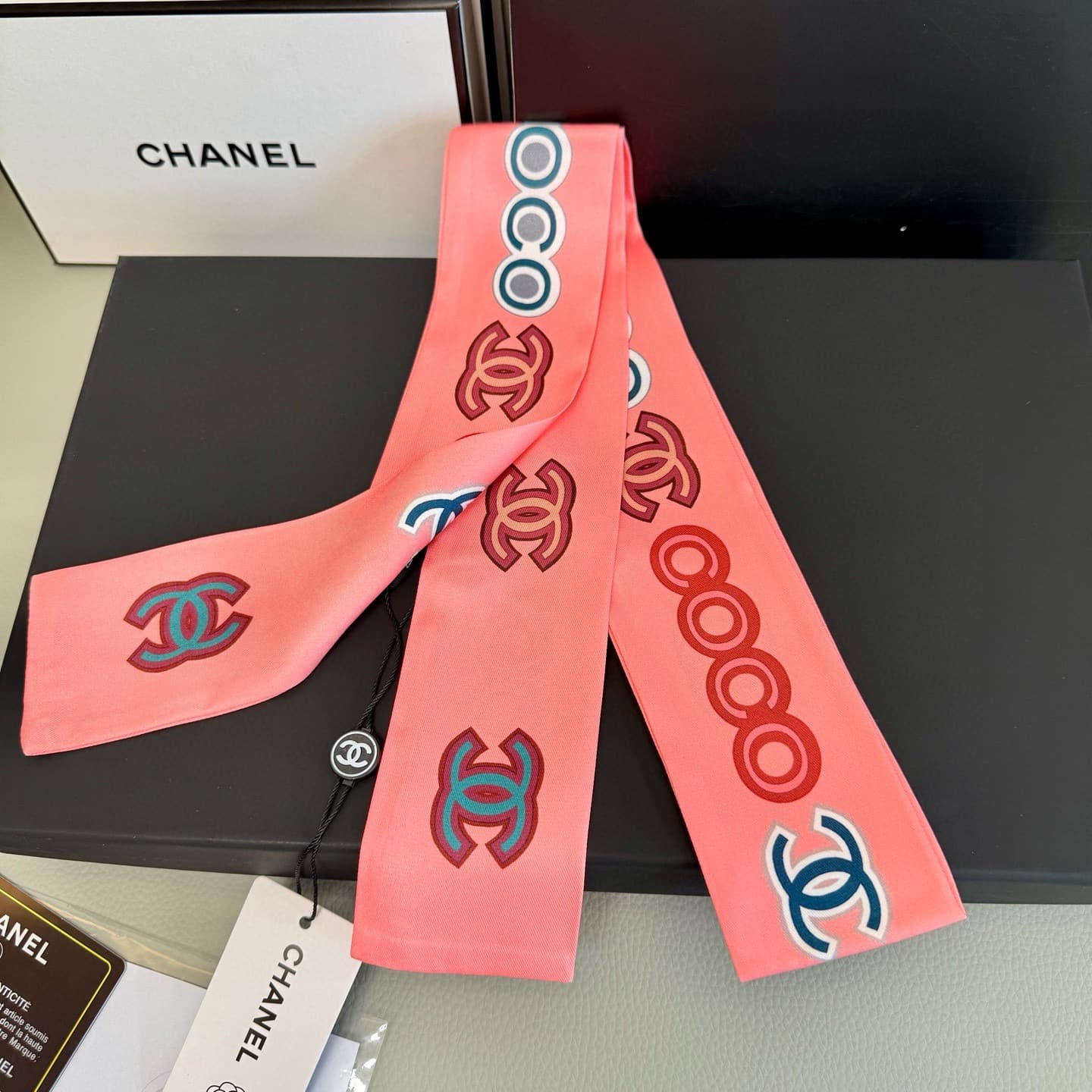 Chanel Black Silk Bandeau Slim Scarf