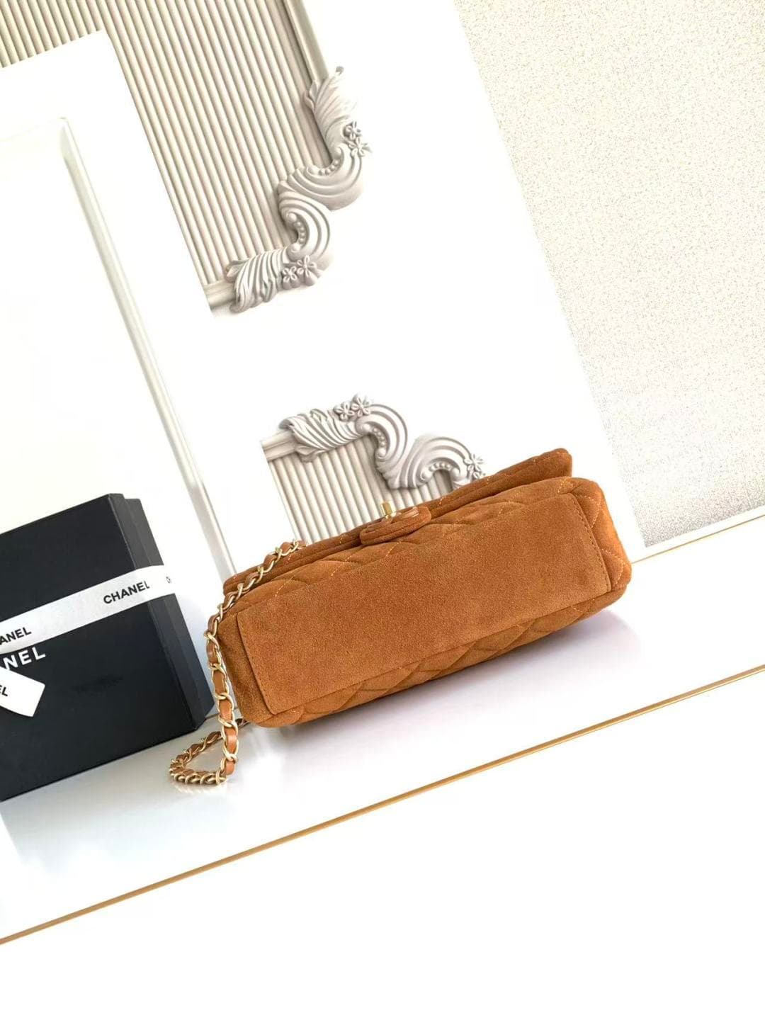 Chanel Classic Flap bag in Tan Suede & Gold-Tone Metal AS5987 A