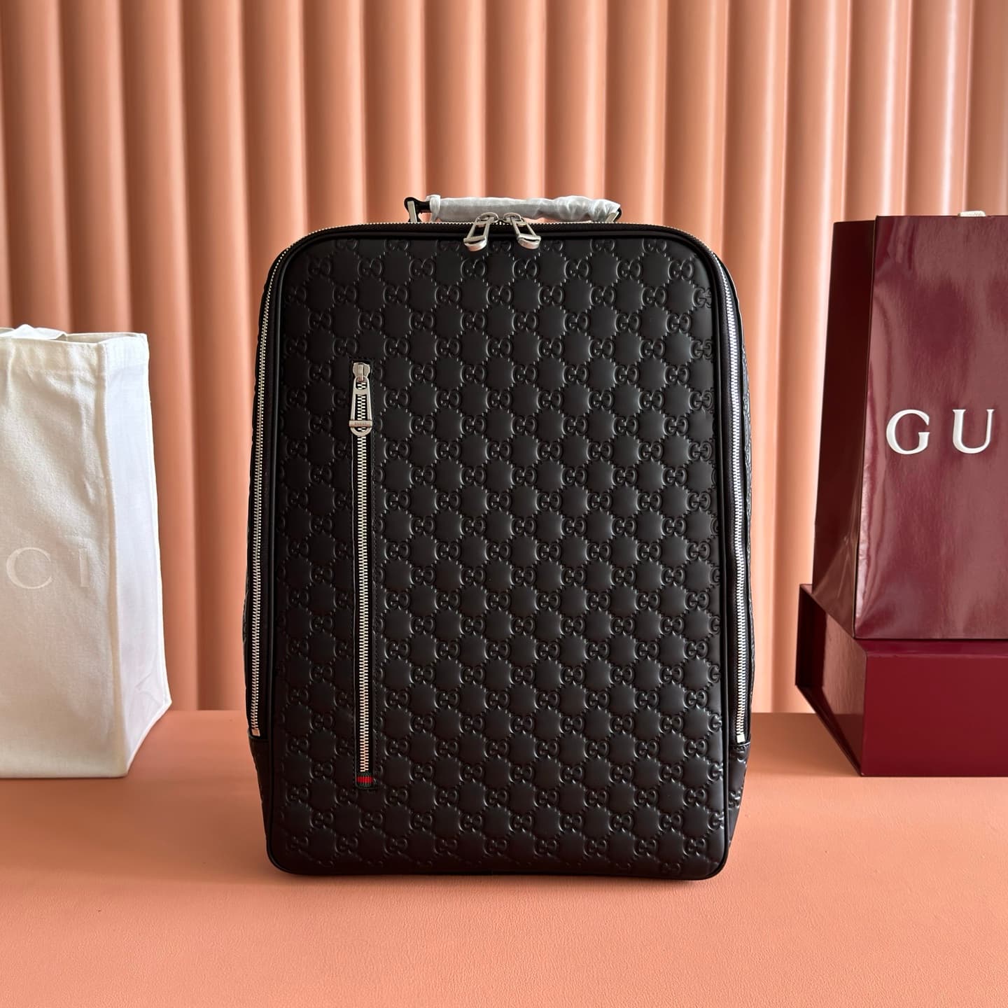 Gucci GG Emblem medium backpack Black embossed GG smooth leather 857974  High