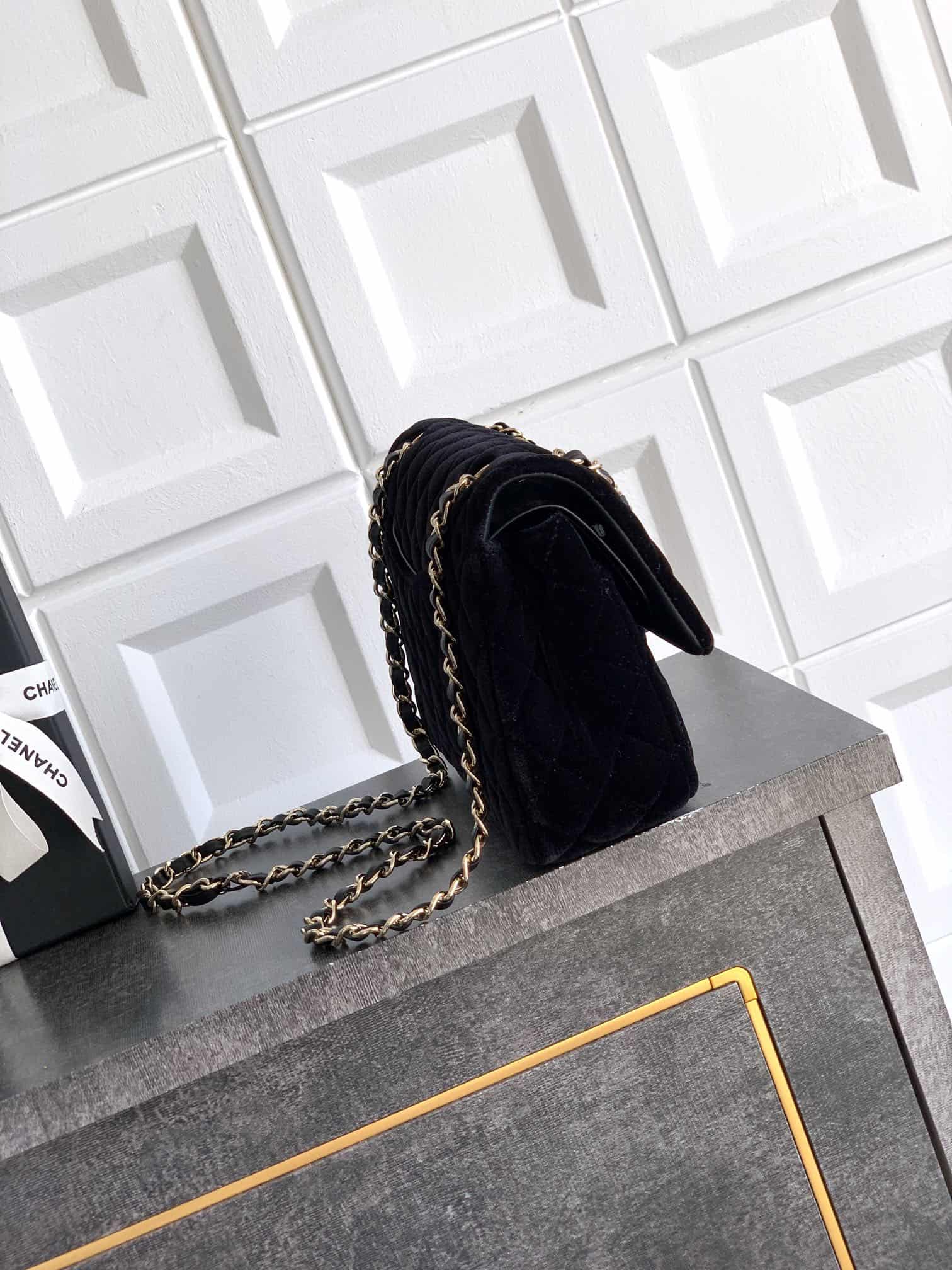 Chanel Medium CLASSIC HANDBAG Velvet  & Gold-Tone Metal Black A