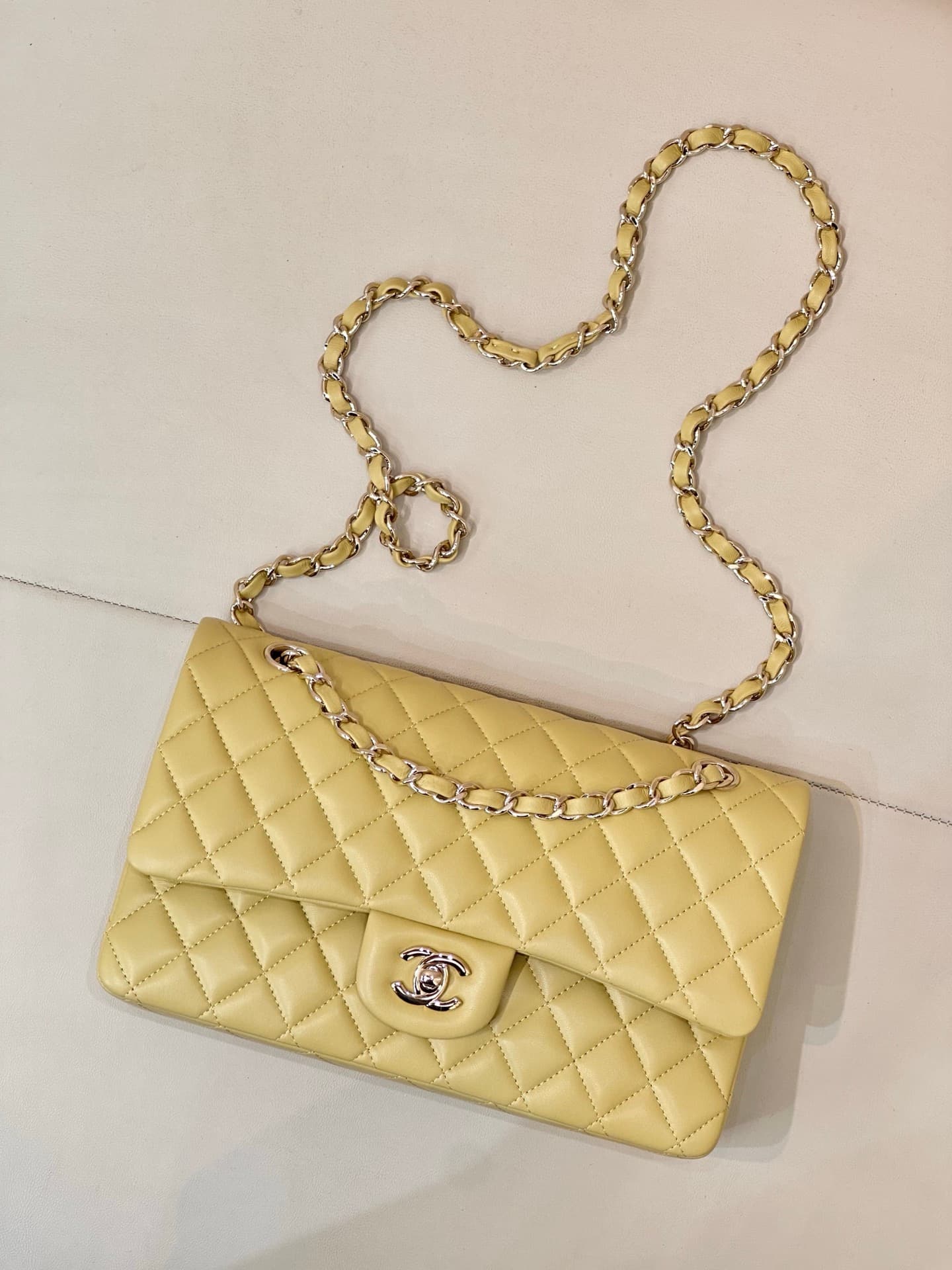 Chanel Medium CLASSIC HANDBAG Lambskin Gold-Tone Metal Yellow TOP