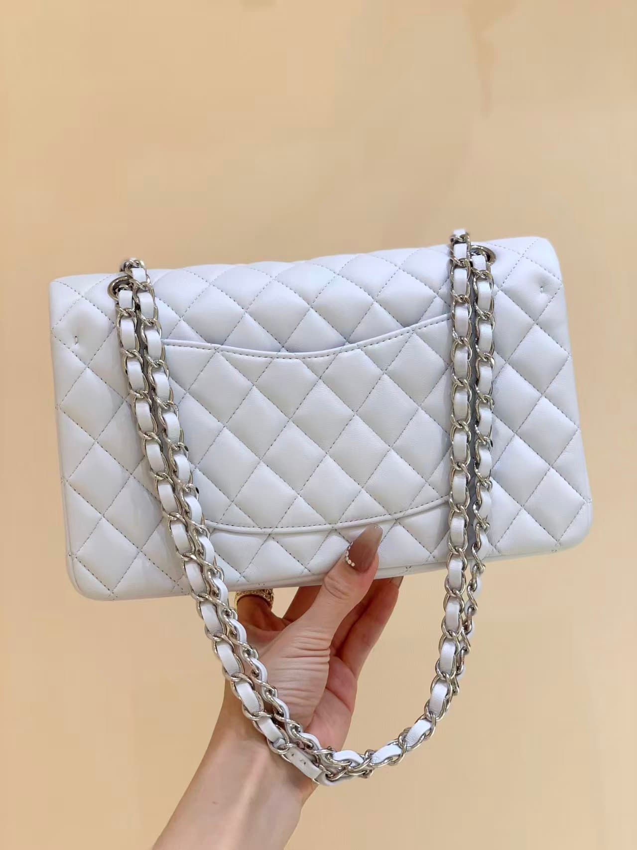 Chanel Medium CLASSIC HANDBAG Lambskin Silver-Tone Metal White TOP
