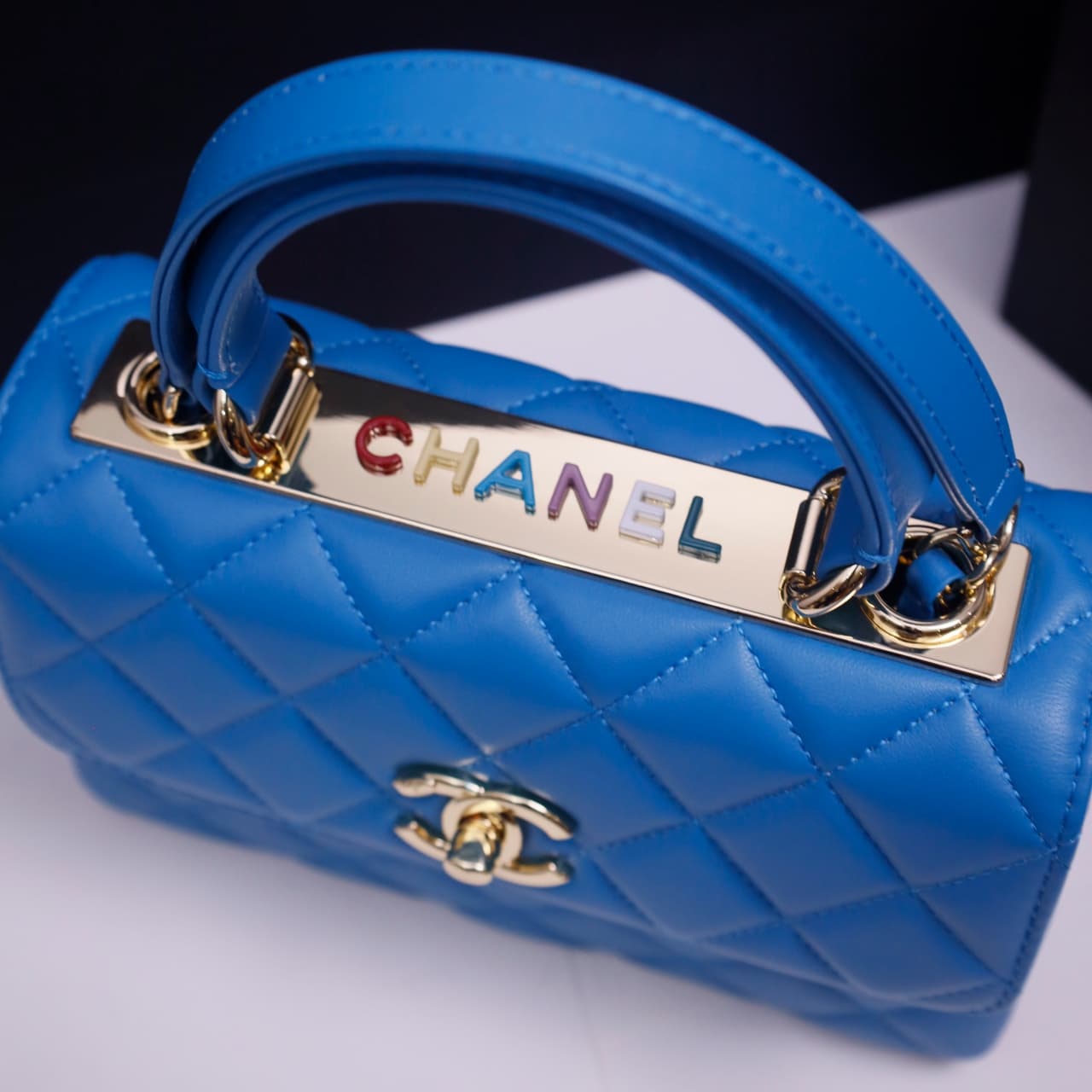 Chanel MINI FLAP BAG WITH TOP HANDLE AS4654 Lambskin &Gold-Tone Metal Blue A