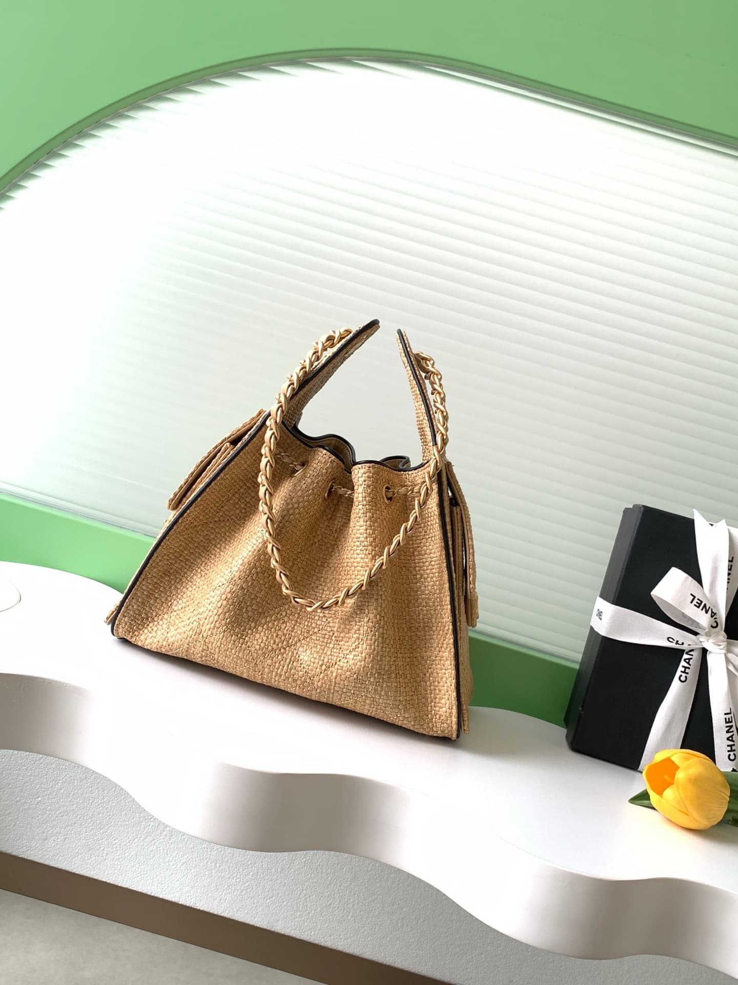 Chanel 25 Small Hobo handbag AS5293 Braided Raffia-Effect Canvas Calfskin & Gold-Tone Metal Black&Beige  A