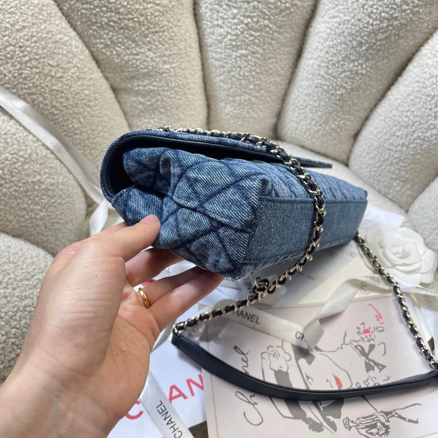 Chanel Maxi Flap Bag with Top Handle Washed Denim& Gold-Tone Metal AS6091 Blue A