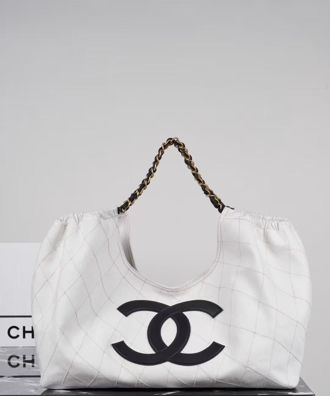 Chanel Coco Beach Small Shopping Bag Denim Calfskin & Gold-Tone Metal White & Black AS6191 A
