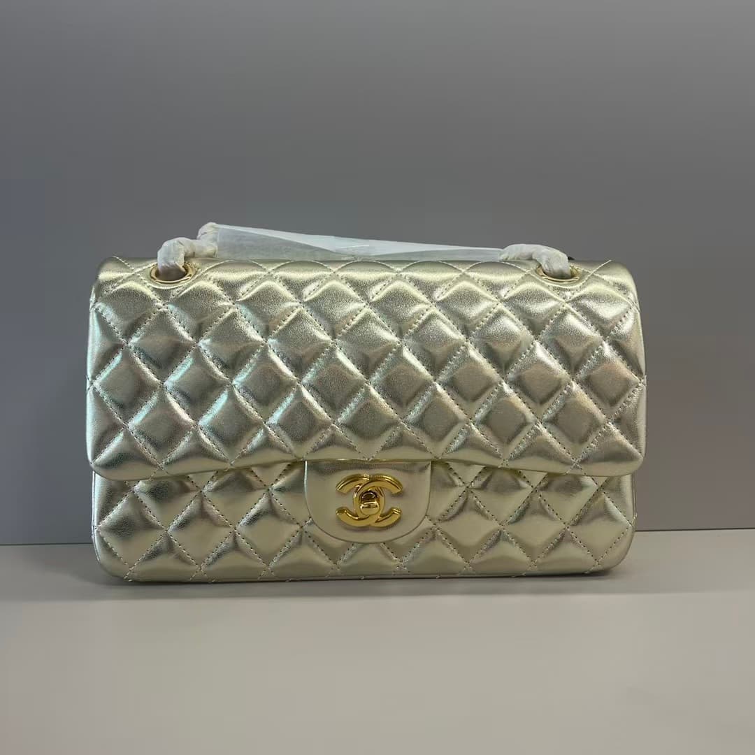 Chanel Classic Handbag Metallic Gold Quilted Lambskin Gold-Tone Metal A