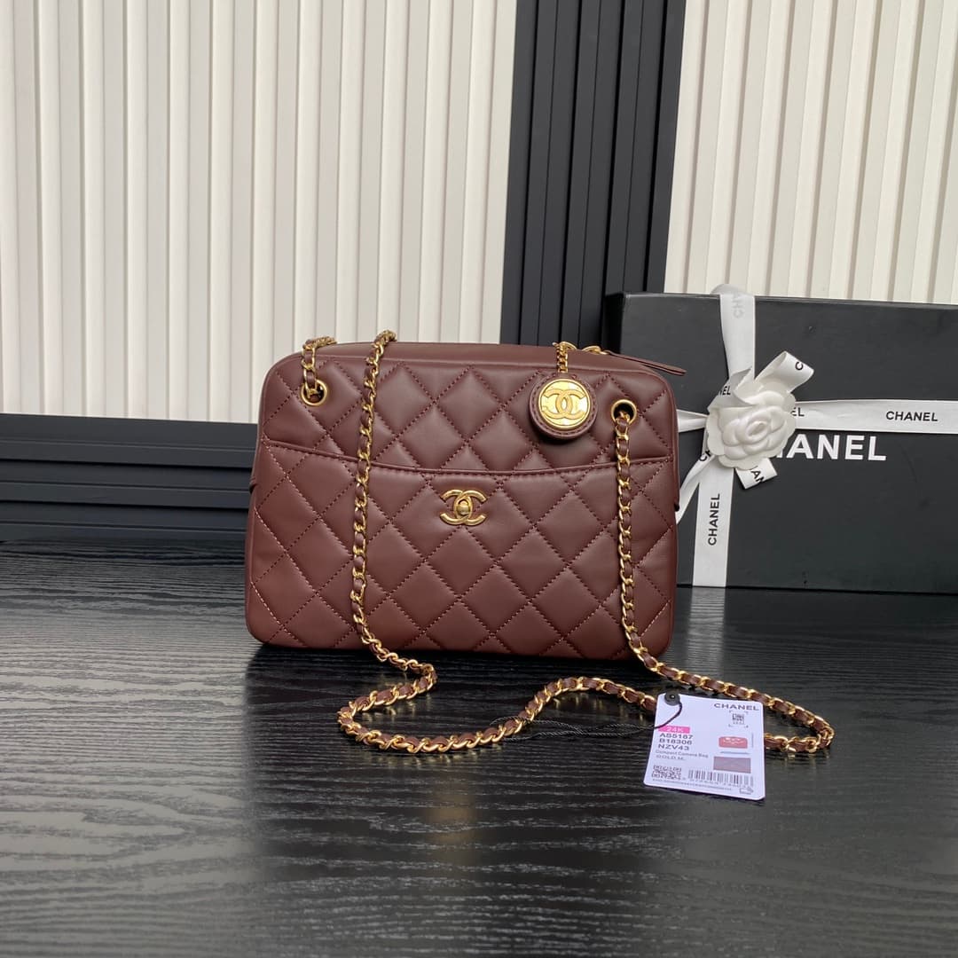 Chanel Maxi Camera Case Lambskin & Gold-Tone Metal Dark Borwn AS5187 A