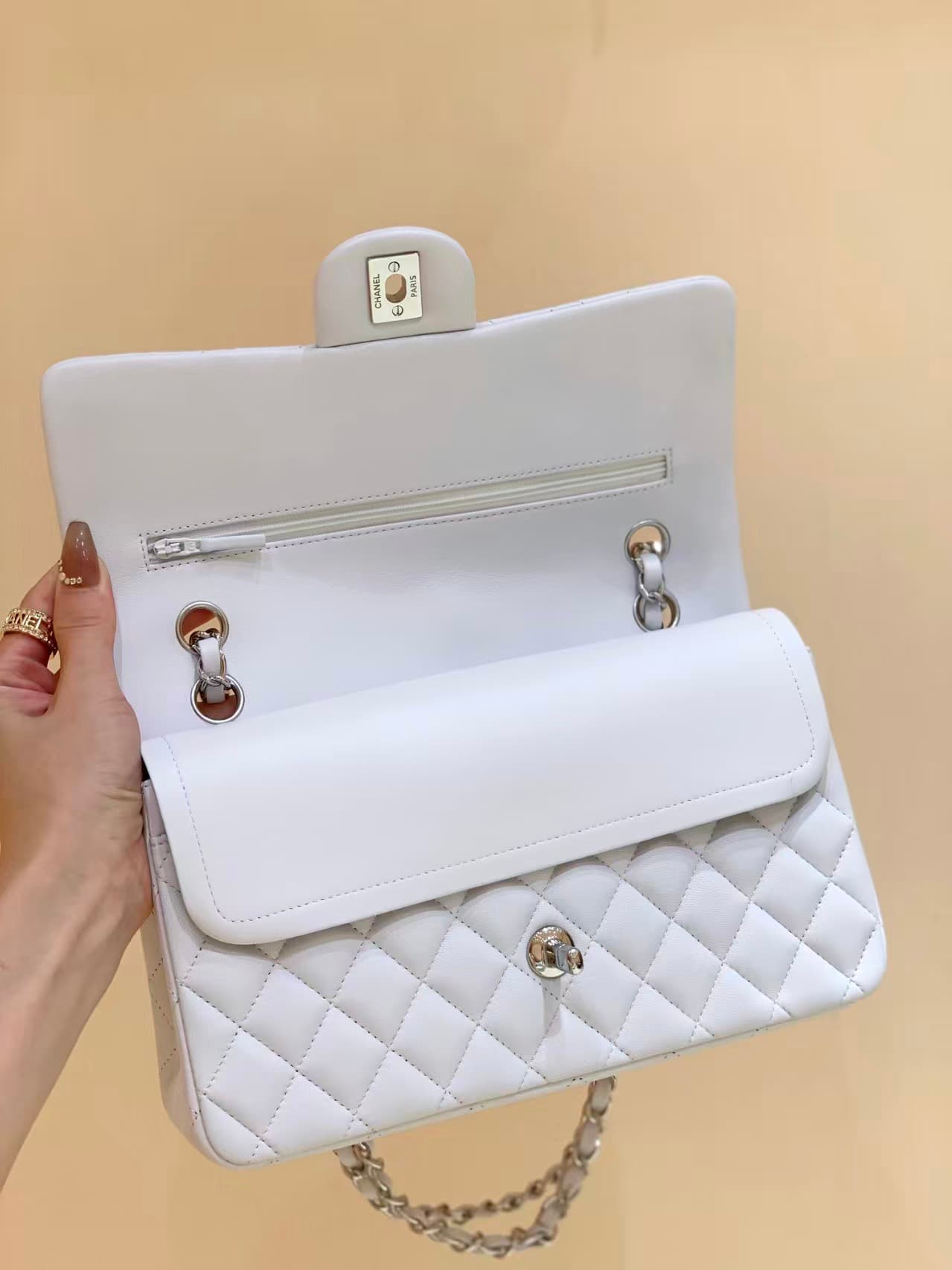 Chanel Medium CLASSIC HANDBAG Lambskin Silver-Tone Metal White TOP