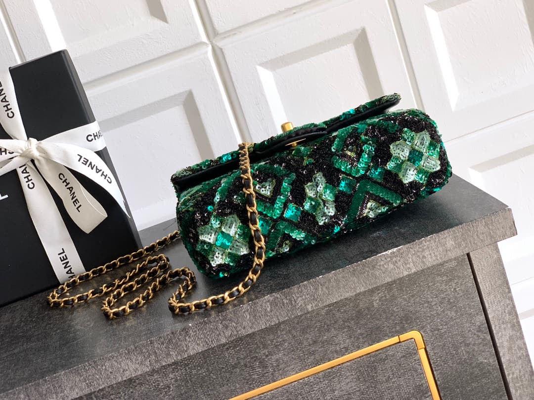 Chanel Classic Mini Flap Bag Sequins Embroidery & Gold-Tone Metal Green 6171 A