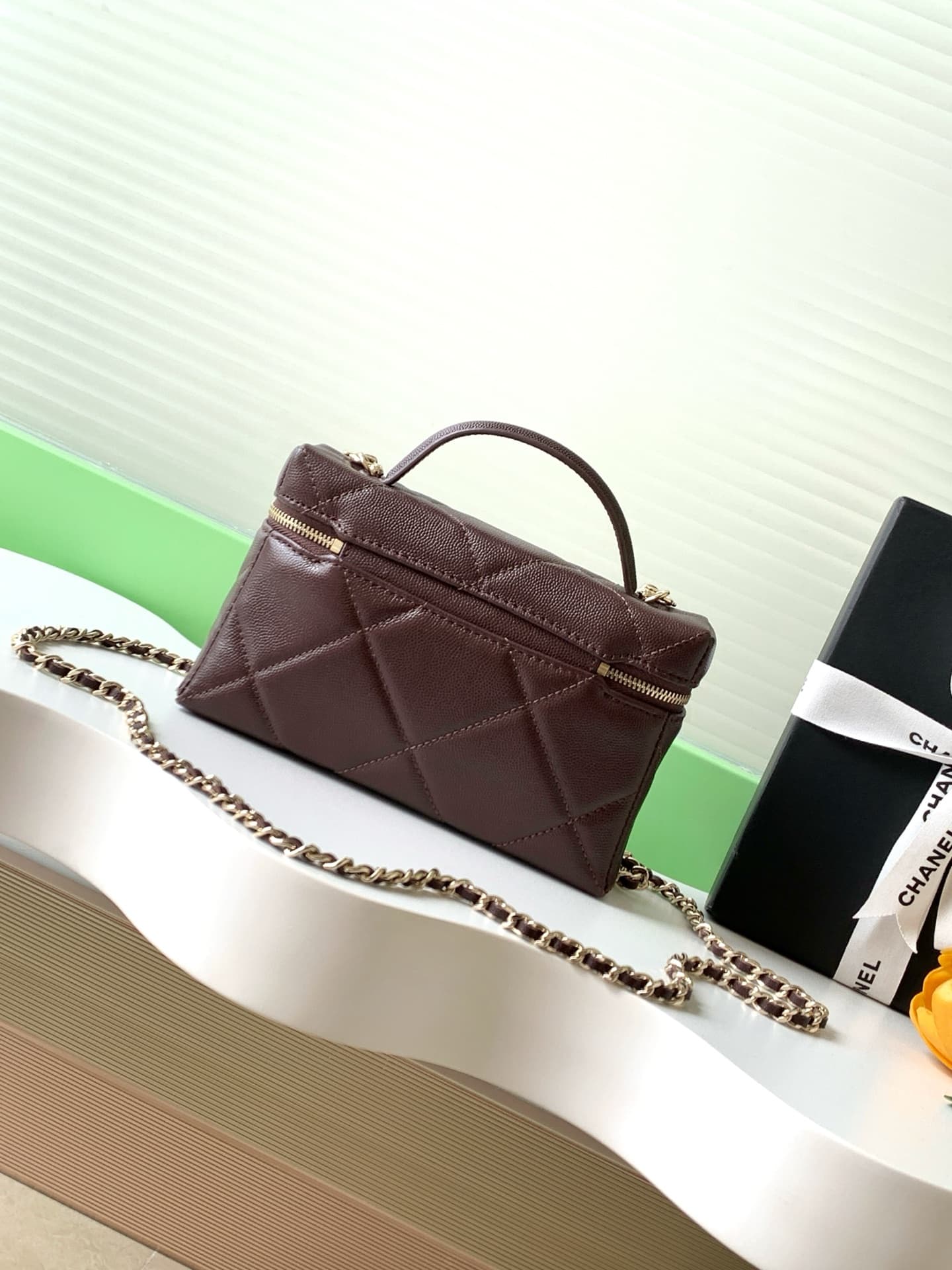 Chanel Vanity with Chain Grained Shiny Calfskin & Gold-Tone Metal Dark Brown AP4936 A