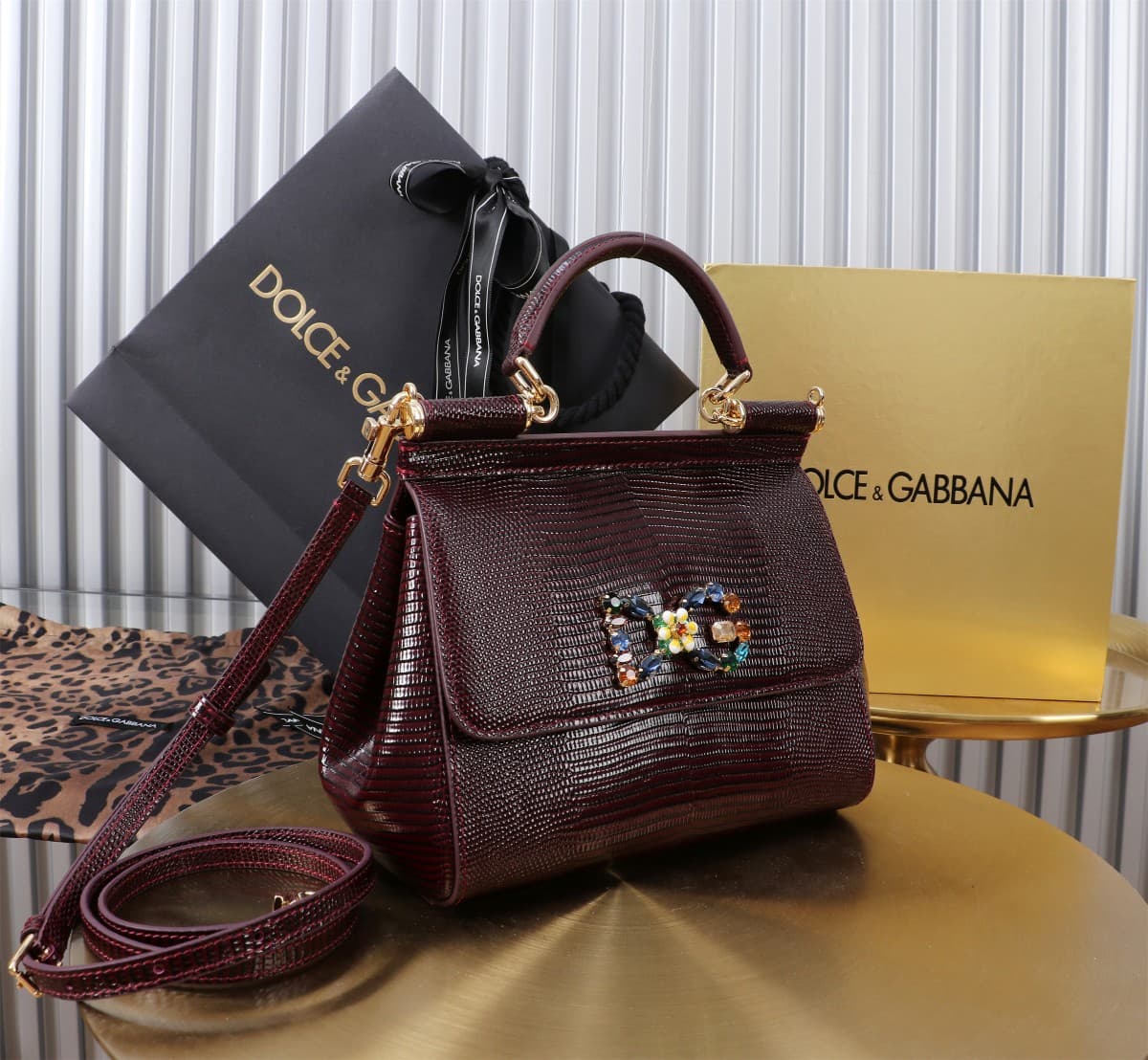 Sicily Handbag 20cm in Iguana Print Calfskin and Crystal DG Logo Patch High