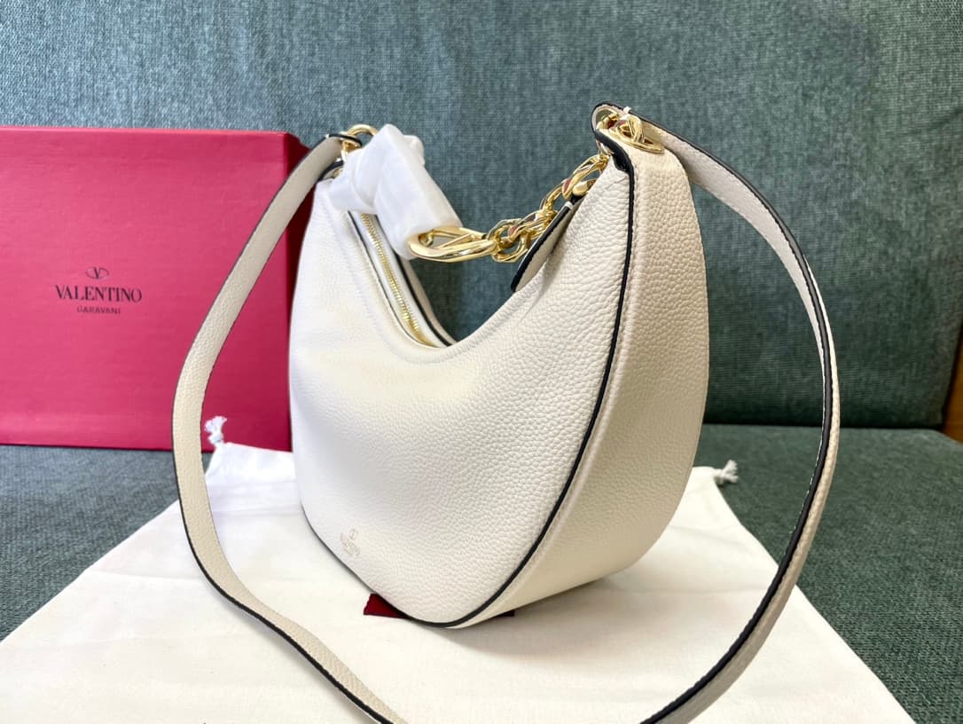 Valentino Garavani VLogo Moon small hobo bag in White grained calfskin High