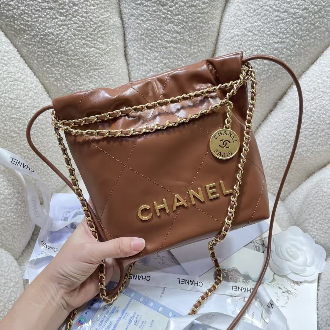 Chanel 22 MINI HANDBAG Shiny Calfskin Tan & Gold-Tone Metal AS3980 A