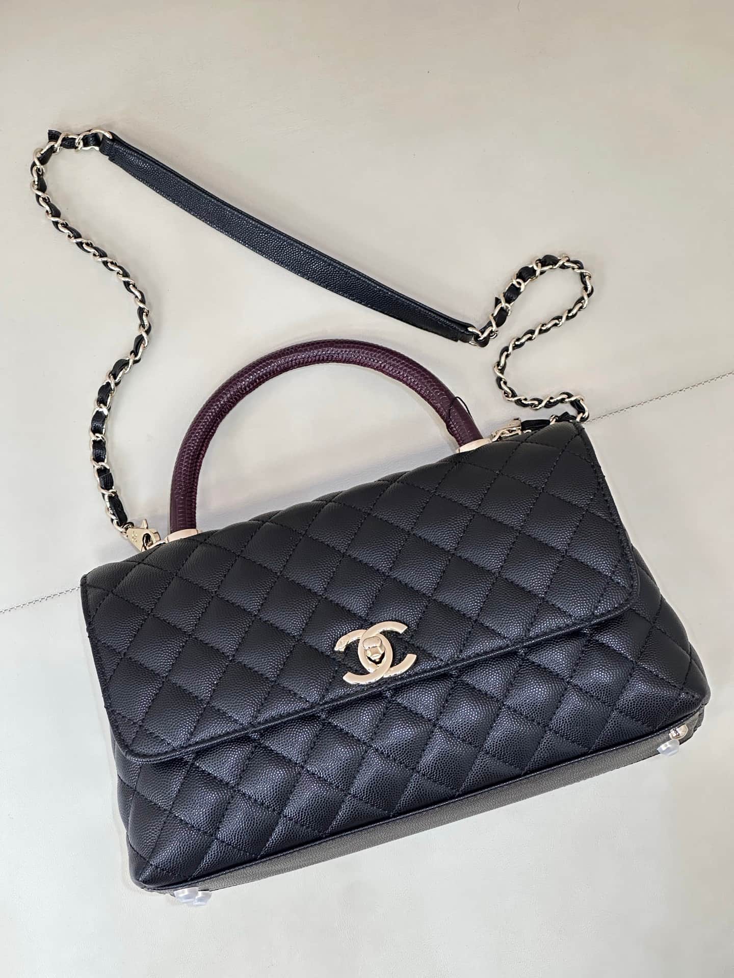 Chanel Medium FLAP BAG WITH TOP HANDLE Grained Calfskin Gold Metal A92991 TOP