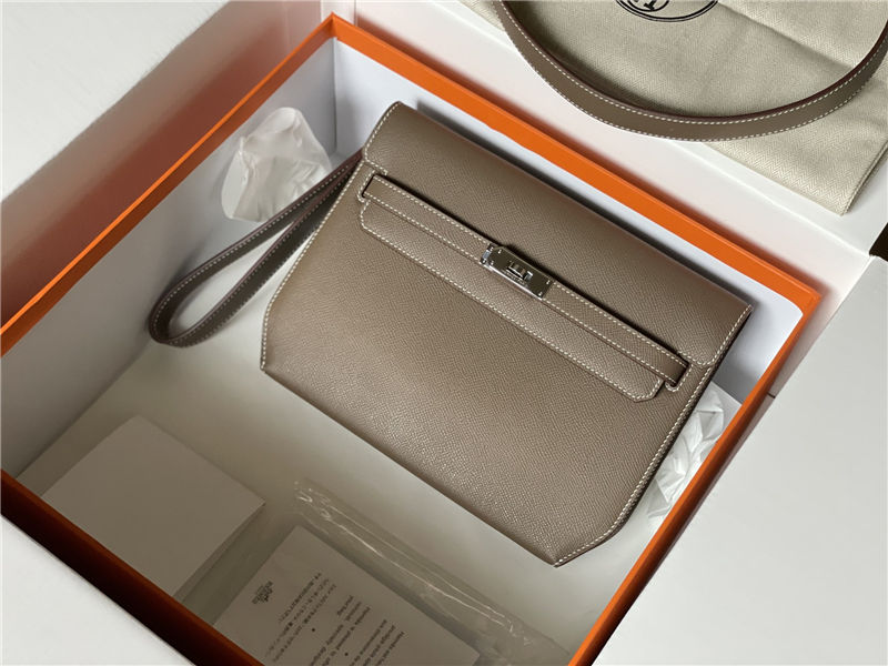 Hermes Kelly Depeches 25 Pouch Epsom Leather Gri Elephant WAX High