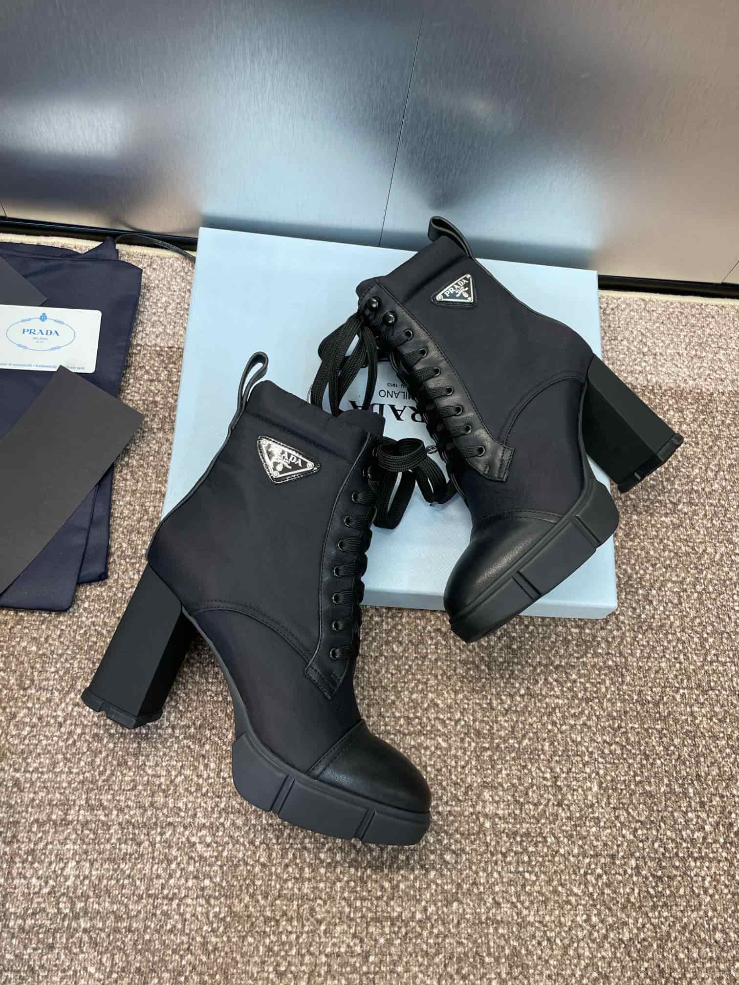 Prada Enameled Metal Triangle Nylon Combat Boots Shoes High Women