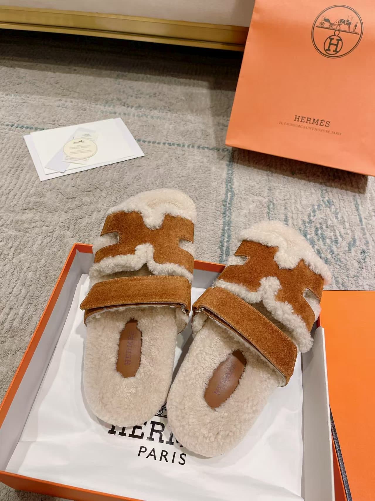 Hermes Chypre Sandals in Shearling and Suede Unisex