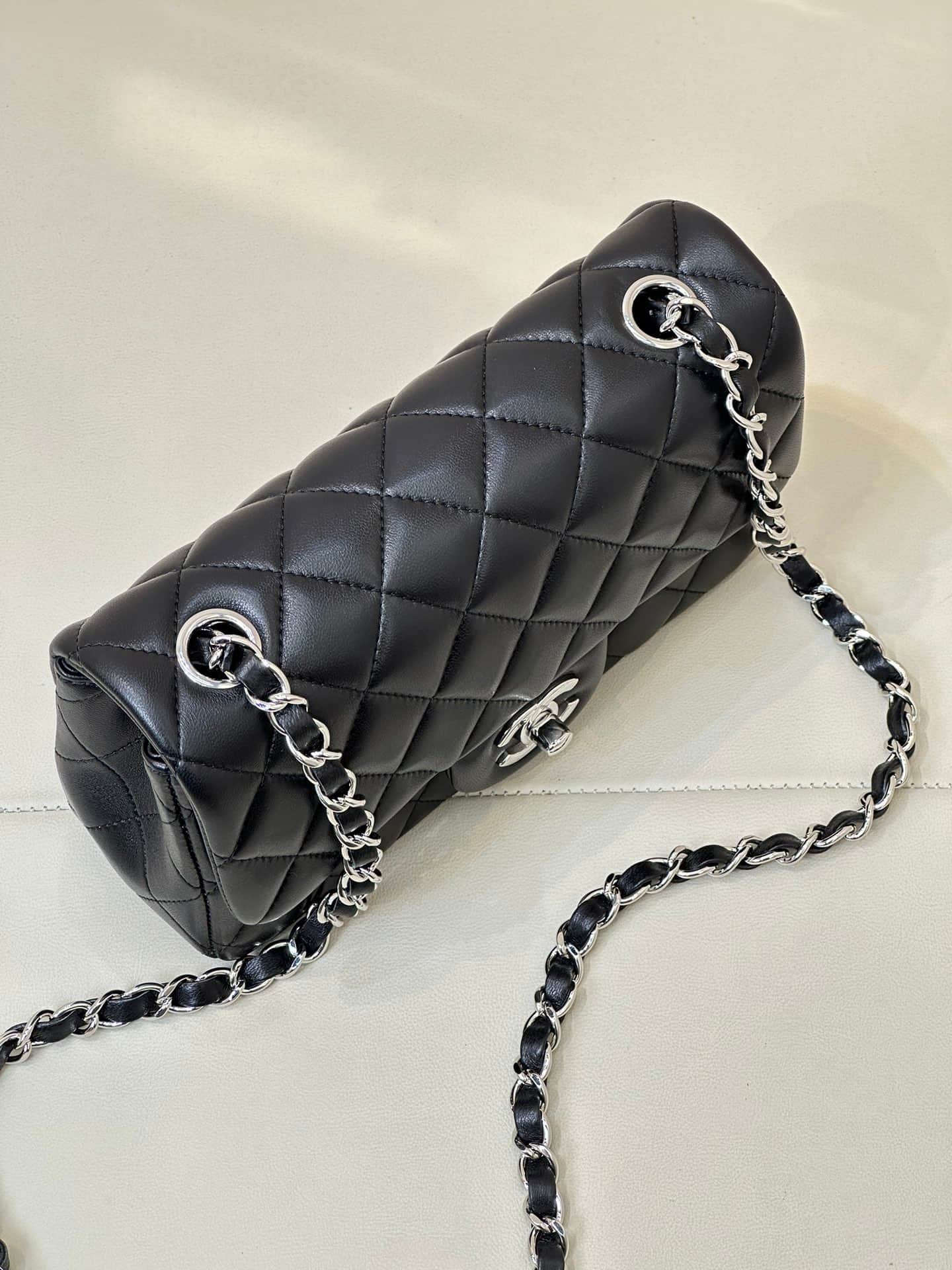 CHANEL Mini Classic Handbag Lambskin & Silver-Tone Metal A69900 Black TOP