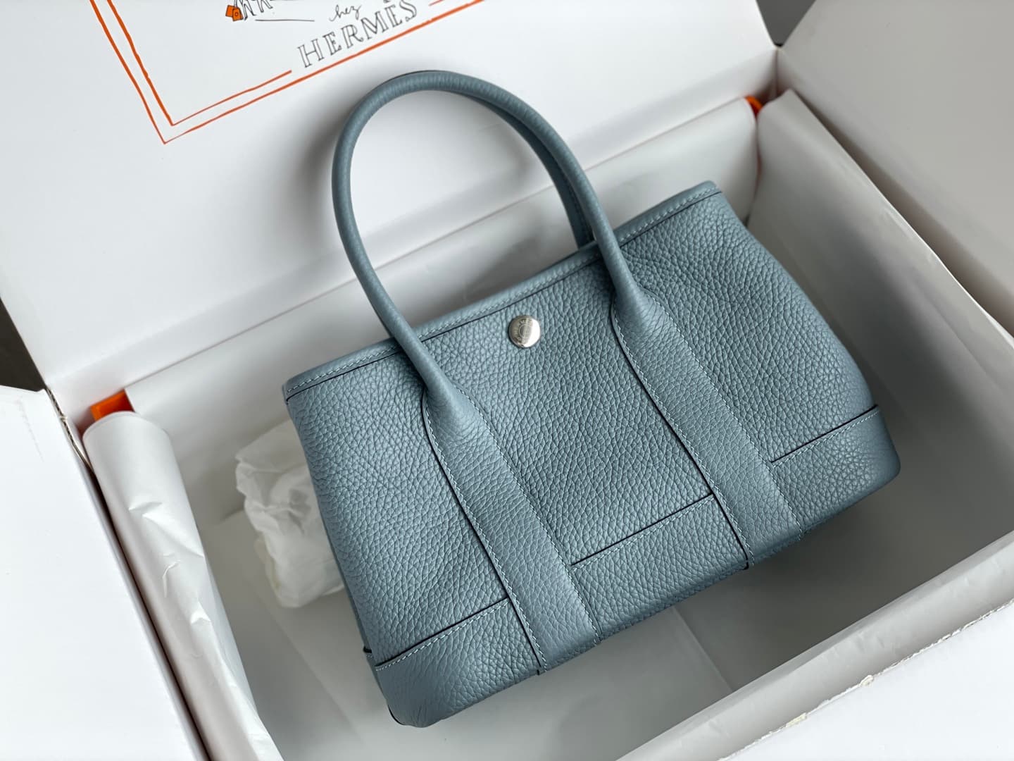Hermes Garden Party 23 bag in Blue Lin Togo Leather WAX High