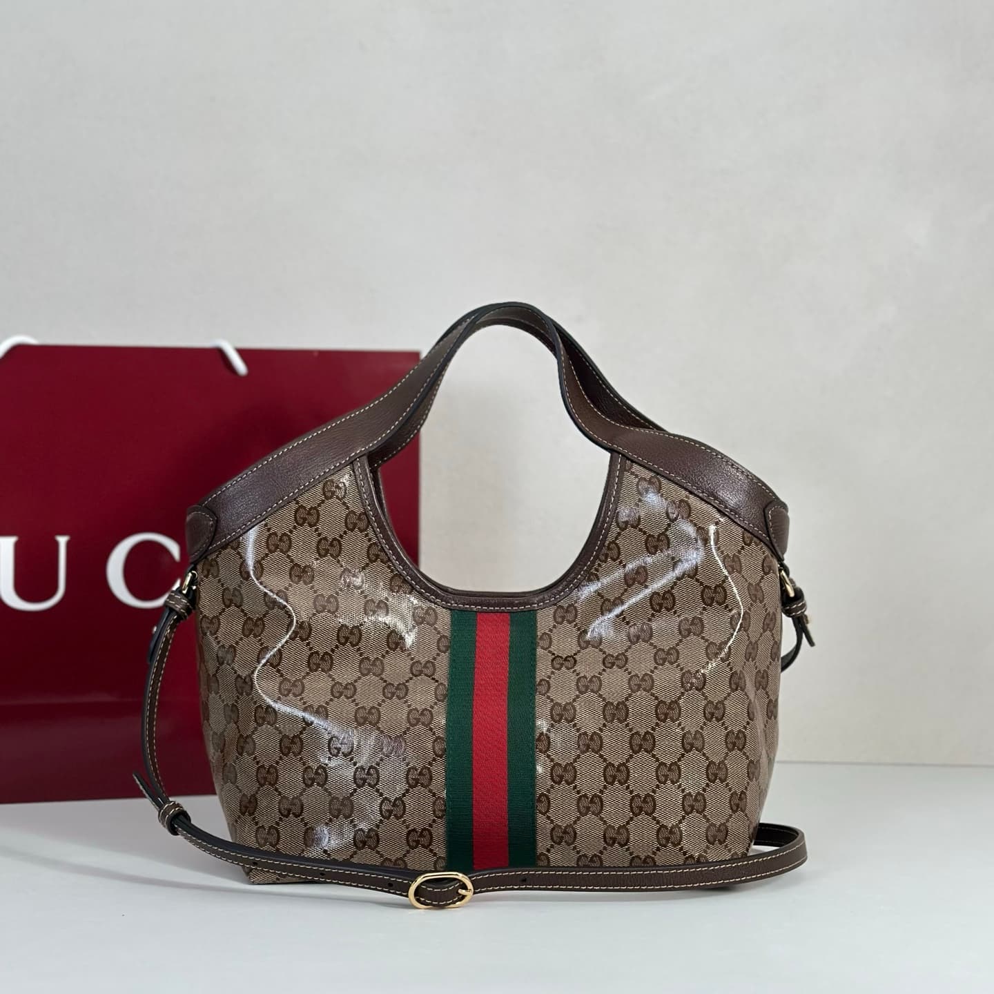 Gucci Giglio small tote bag Sand and dark brown soft, shiny coated GG fabric ‎860845 High
