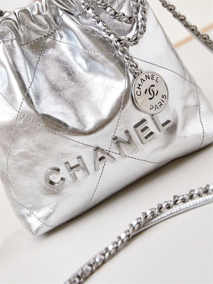 Chanel 22 MINI HANDBAG Metallic Calfskin & Silver-Tone Metal Silver AS3980 A