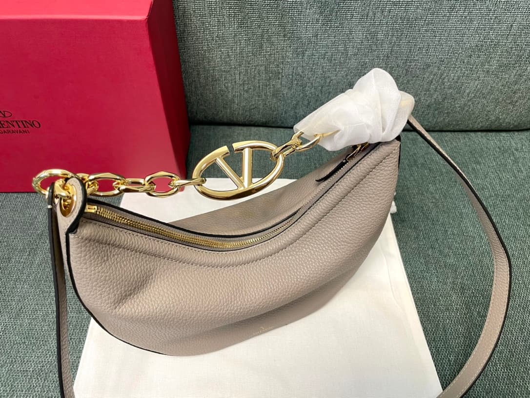 Valentino Garavani VLogo Moon small hobo bag in grey grained calfskin High