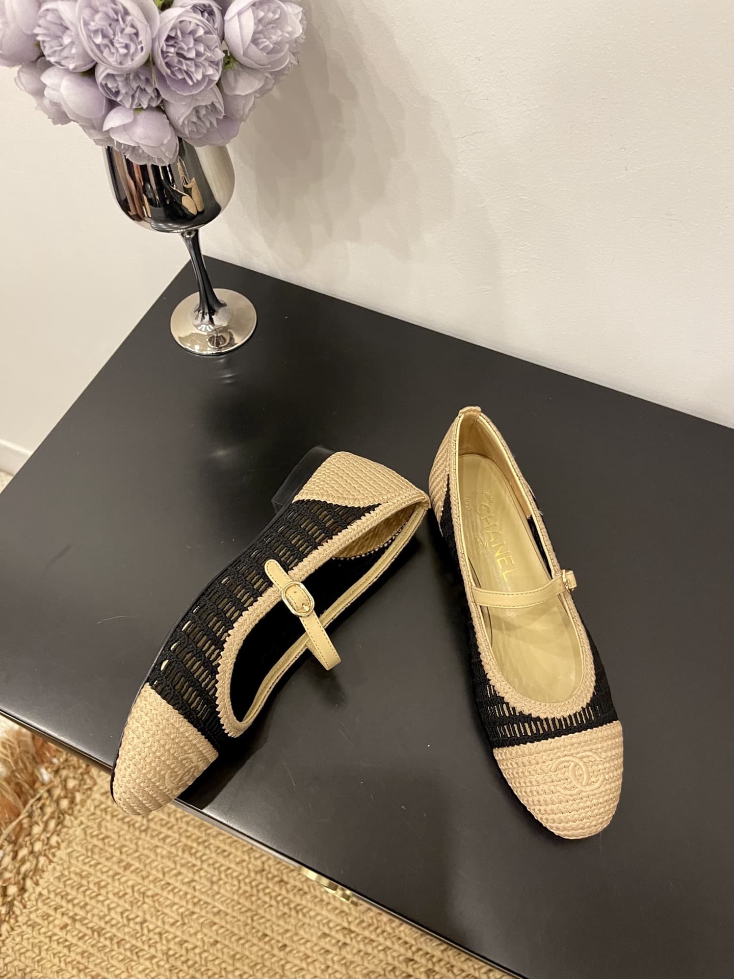 Chanel Raffia Ballet Flats Shoes Low Women
