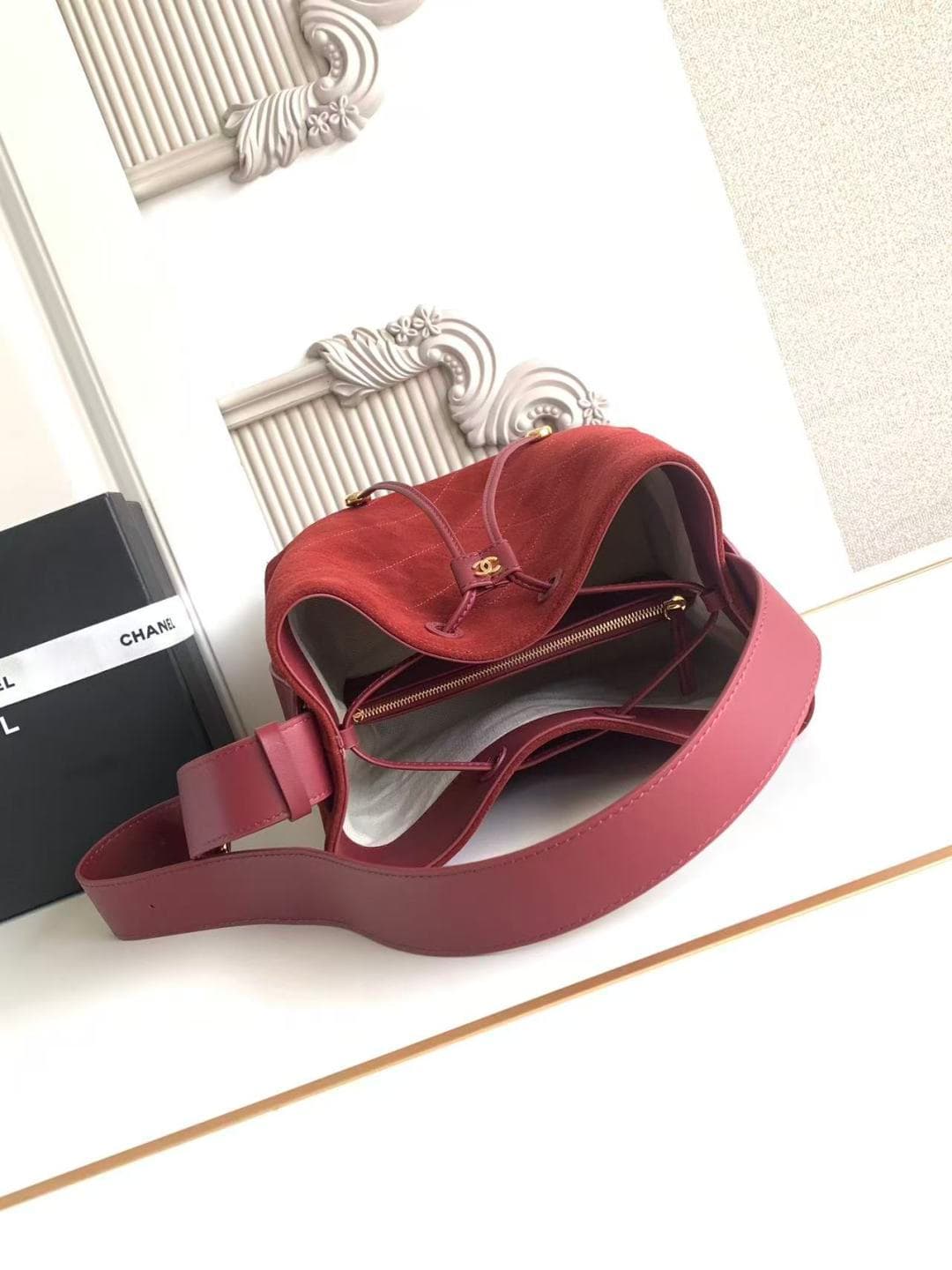 Chanel Small Bucket Bag Suede Calfskin & Gold-Tone Metal Burgundy AS6584 A