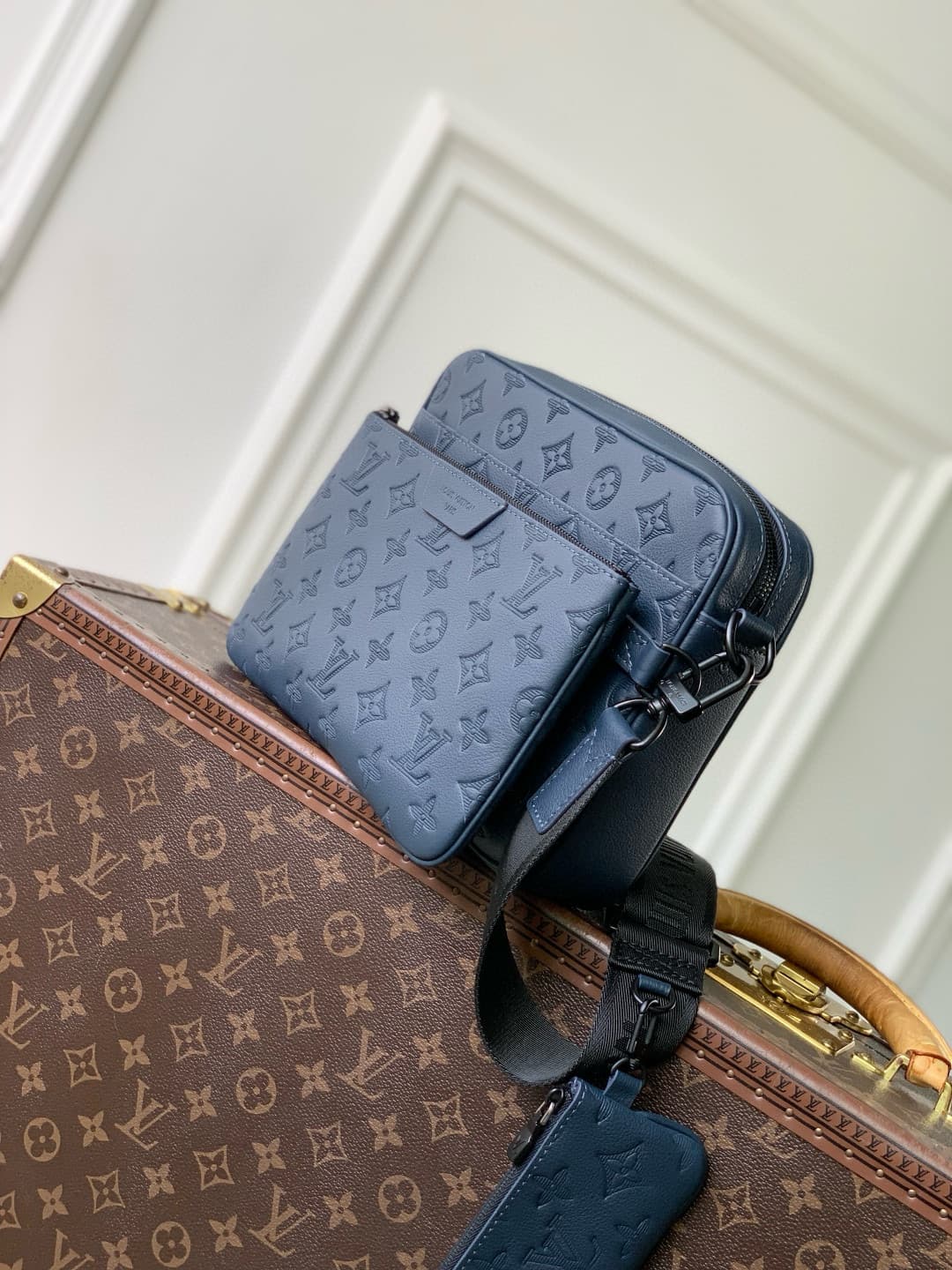 Louis Vuitton Trio Messenger Navy Blue Monogram Shadow calfskin leather M27925 High
