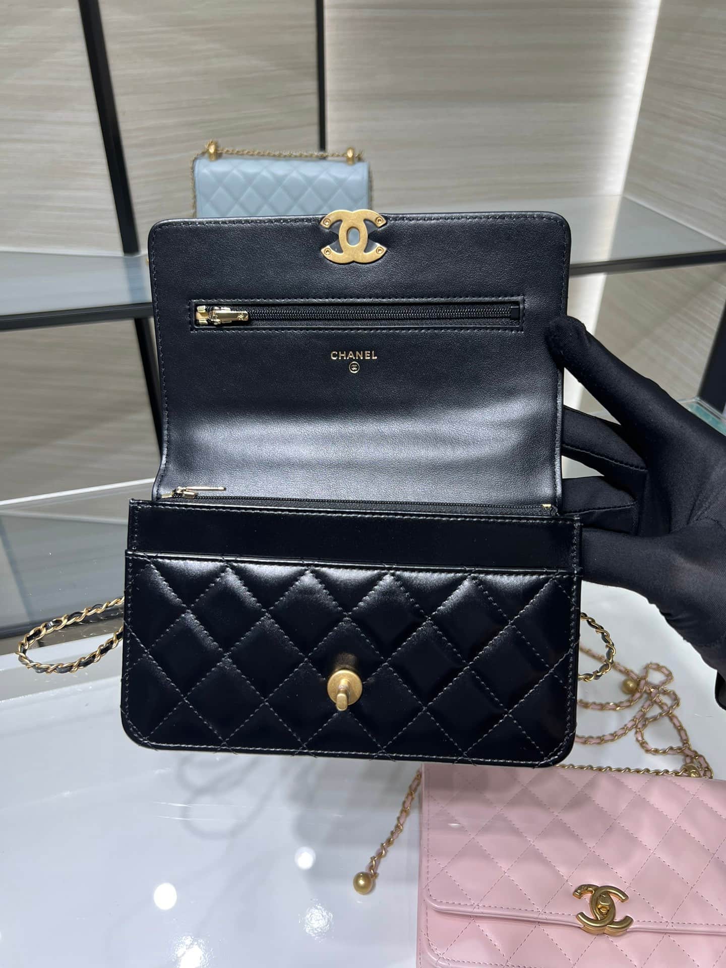 Chanel Wallet on Chain Shiny Calfskin & Gold-Tone Metal Black AP2289 High