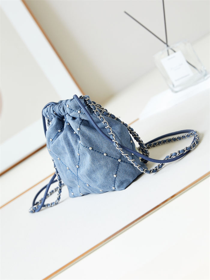 Chanel 22 MINI HANDBAG Washed Denim & Silver-Tone Metal Blue AS3980 A