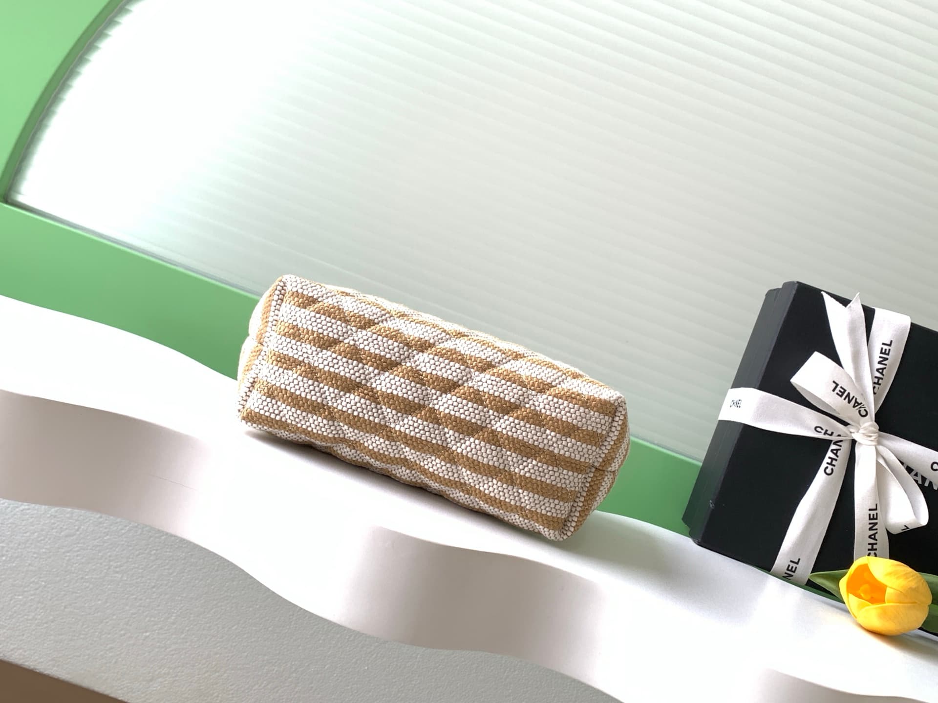 Chanel Zipped Case Printed Fabric & Gold-Tone Metal Beige & White AS4989 A