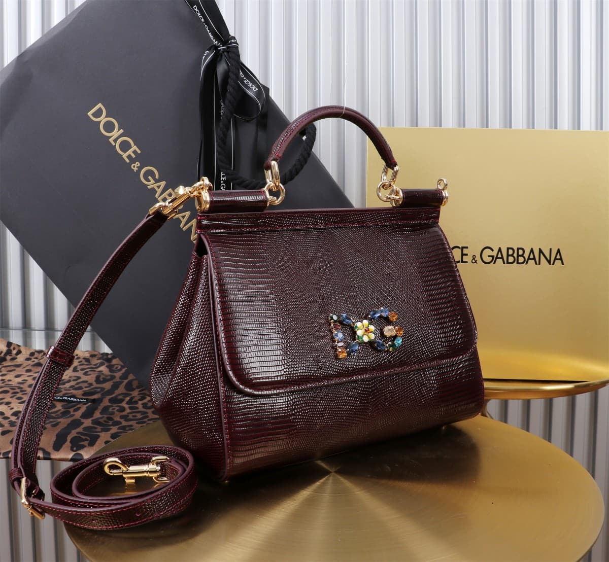 Sicily Handbag 25cm in Iguana Print Calfskin and Crystal DG Logo Patch High