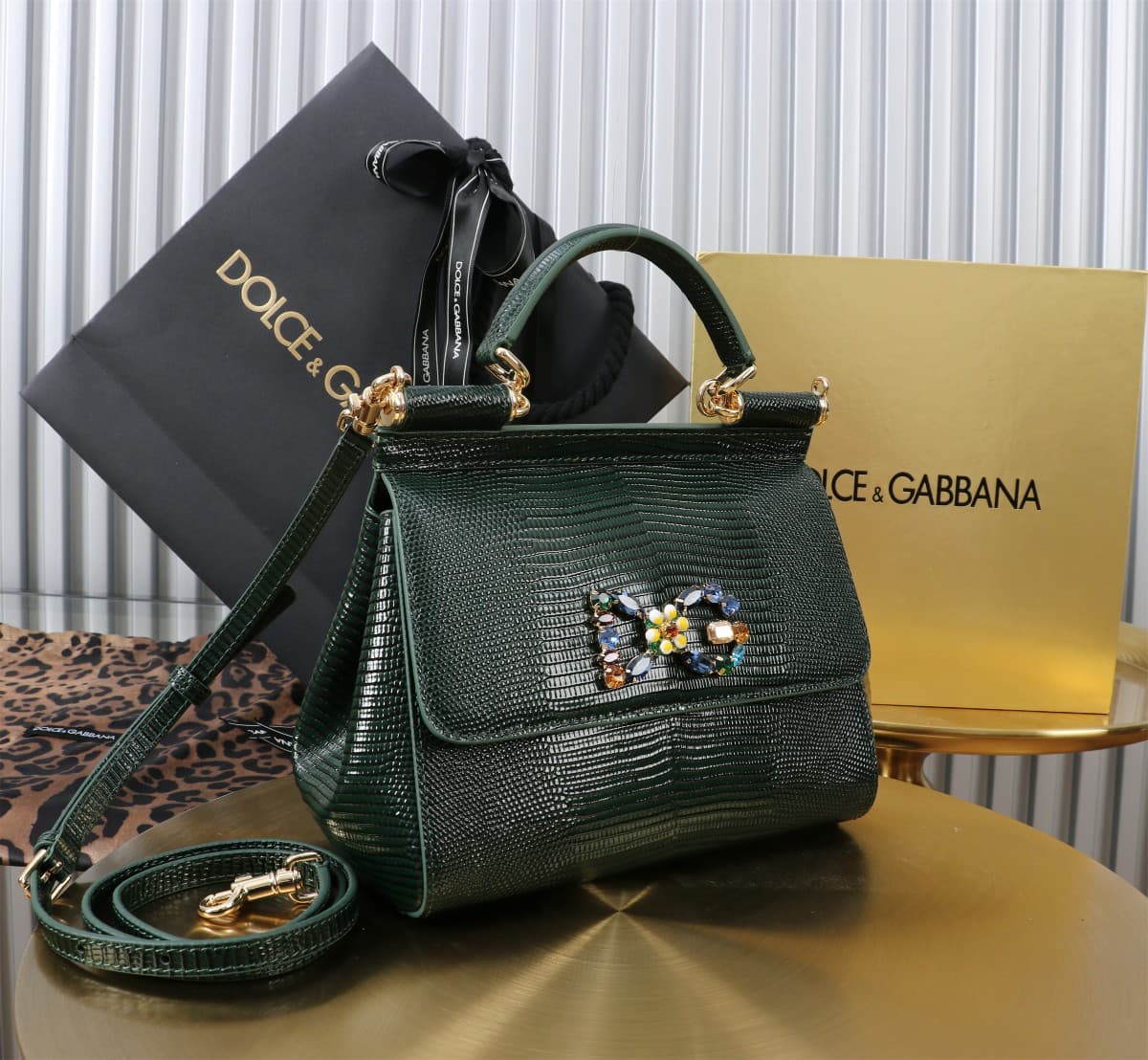Sicily Handbag 20cm in Iguana Print Calfskin and Crystal DG Logo Patch High