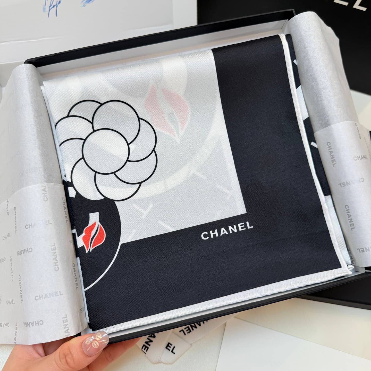 Chanel Silk CC Logo Camellia Scarf