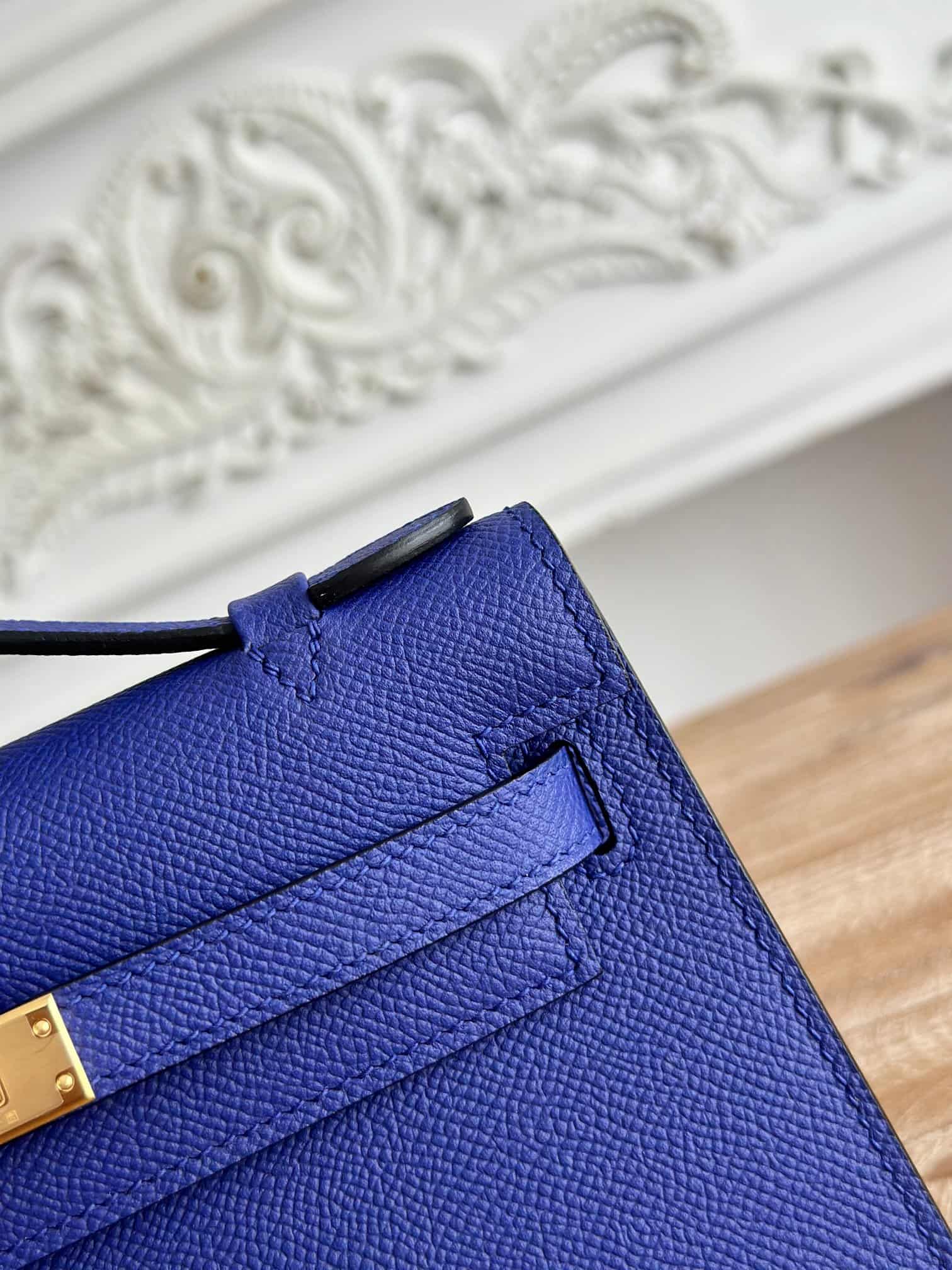 Hermes Kelly Pochette Bag Epsom Leather Silver/Gold Metal Bleu Electric WAX High