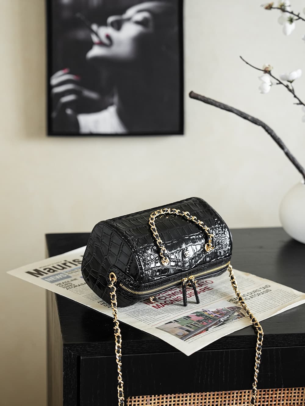 Chanel Mini Timeless Classic Barrel Bag crocodile-embossed calfskin& Gold-Tone Metal Black AP5390 A