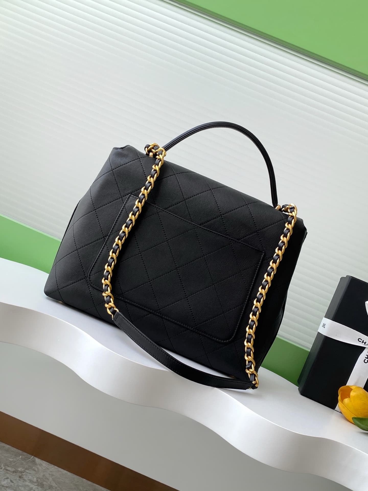 LARGE FLAP BAG WITH TOP HANDLE Calfskin & Gold-Tone Metal Black AS5447 A