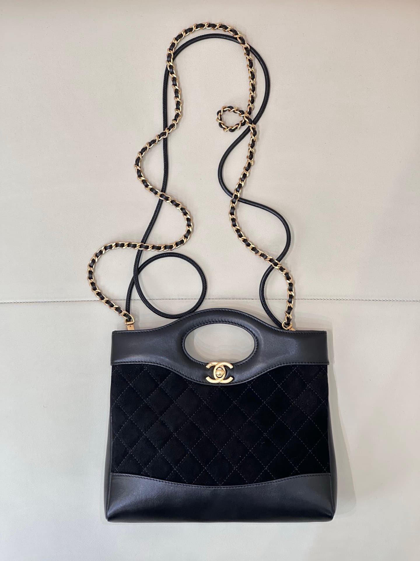 CHANEL 31 Mini Shopping Bag Shiny Lambskin & Suede Gold-Tone Metal AS4133 Black TOP