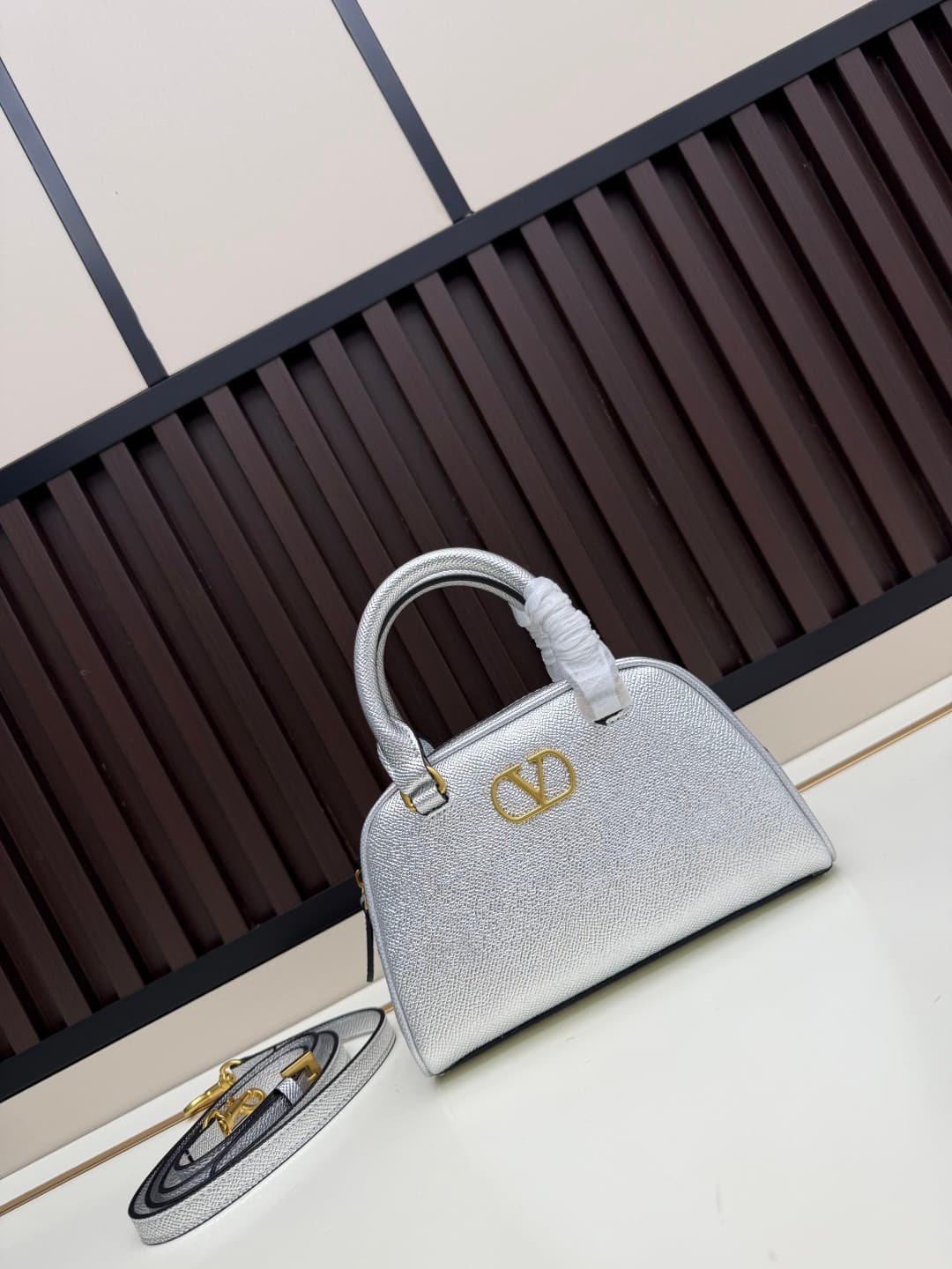 Valentino VLogo Signature Mini Bowling Bag in Grainy Calfskin Silver High
