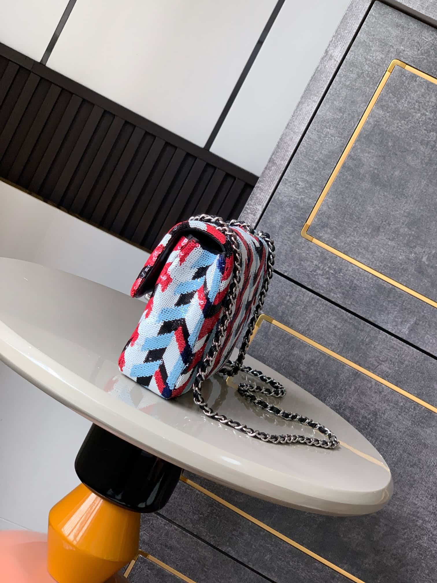 Chanel Classic Mini Flap Bag Sequins Embroidery & Silver-Tone Metal Multicolor 6171 A