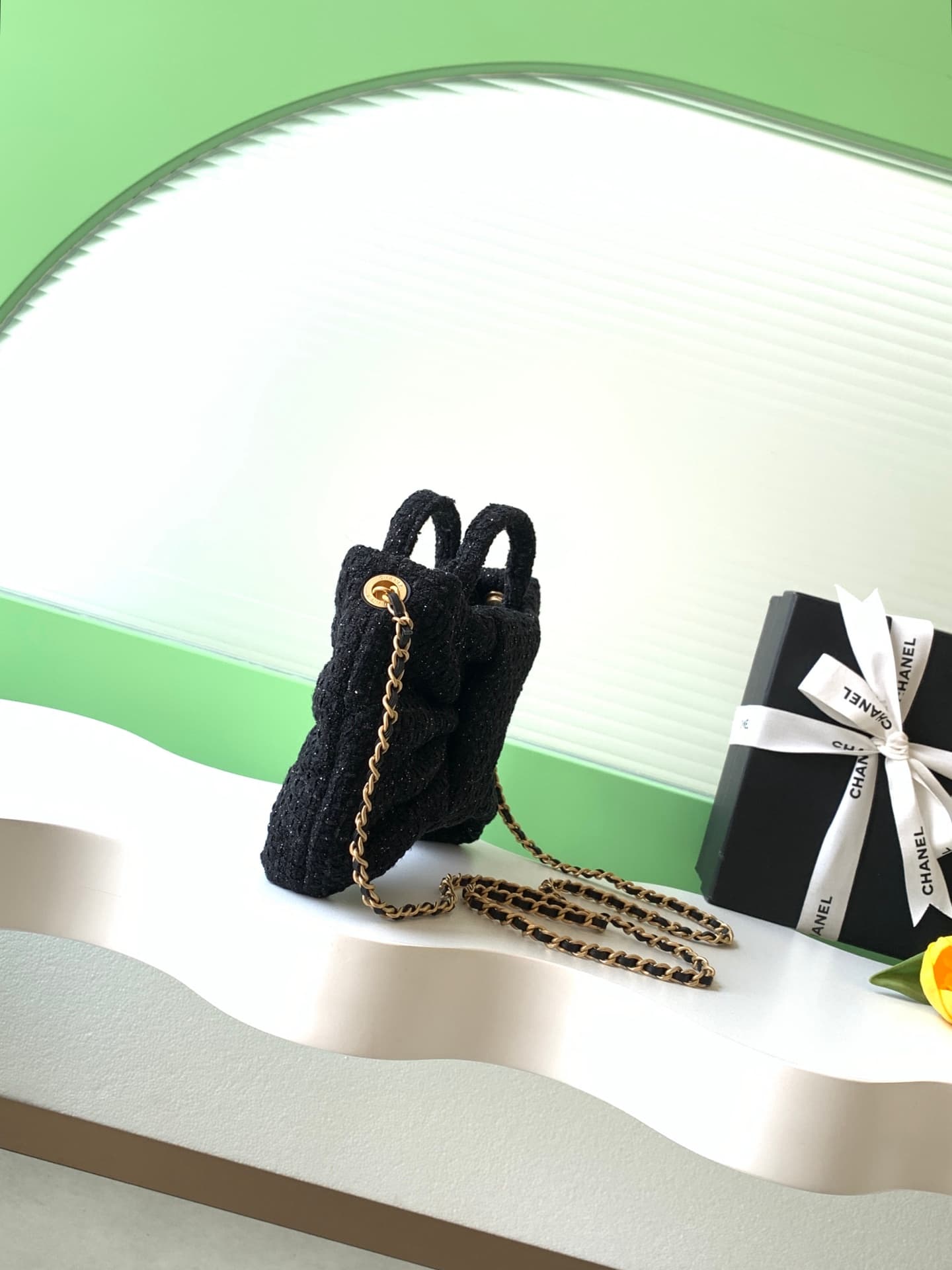 Chanel Mini Bow Bag Tweed & Gold-Tone Metal Black AS5849 A