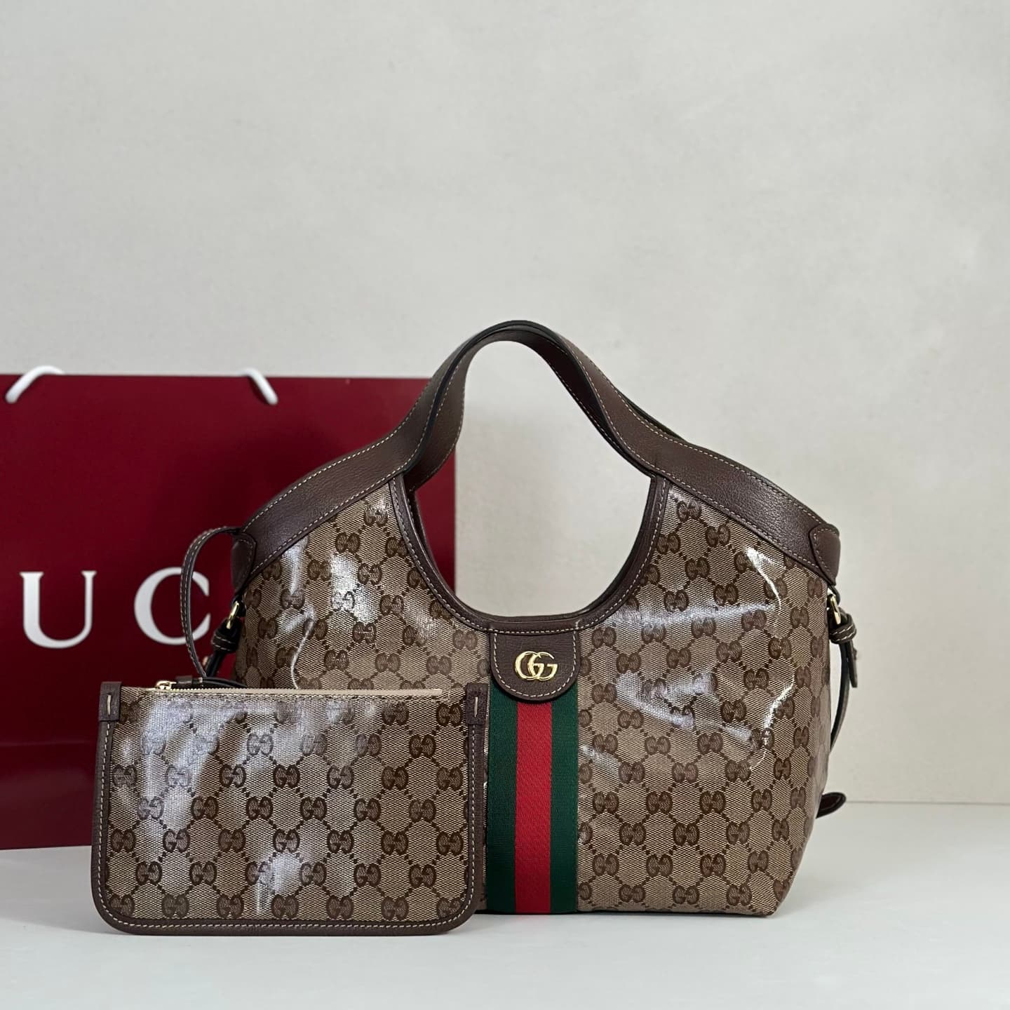 Gucci Giglio small tote bag Sand and dark brown soft, shiny coated GG fabric ‎860845 High