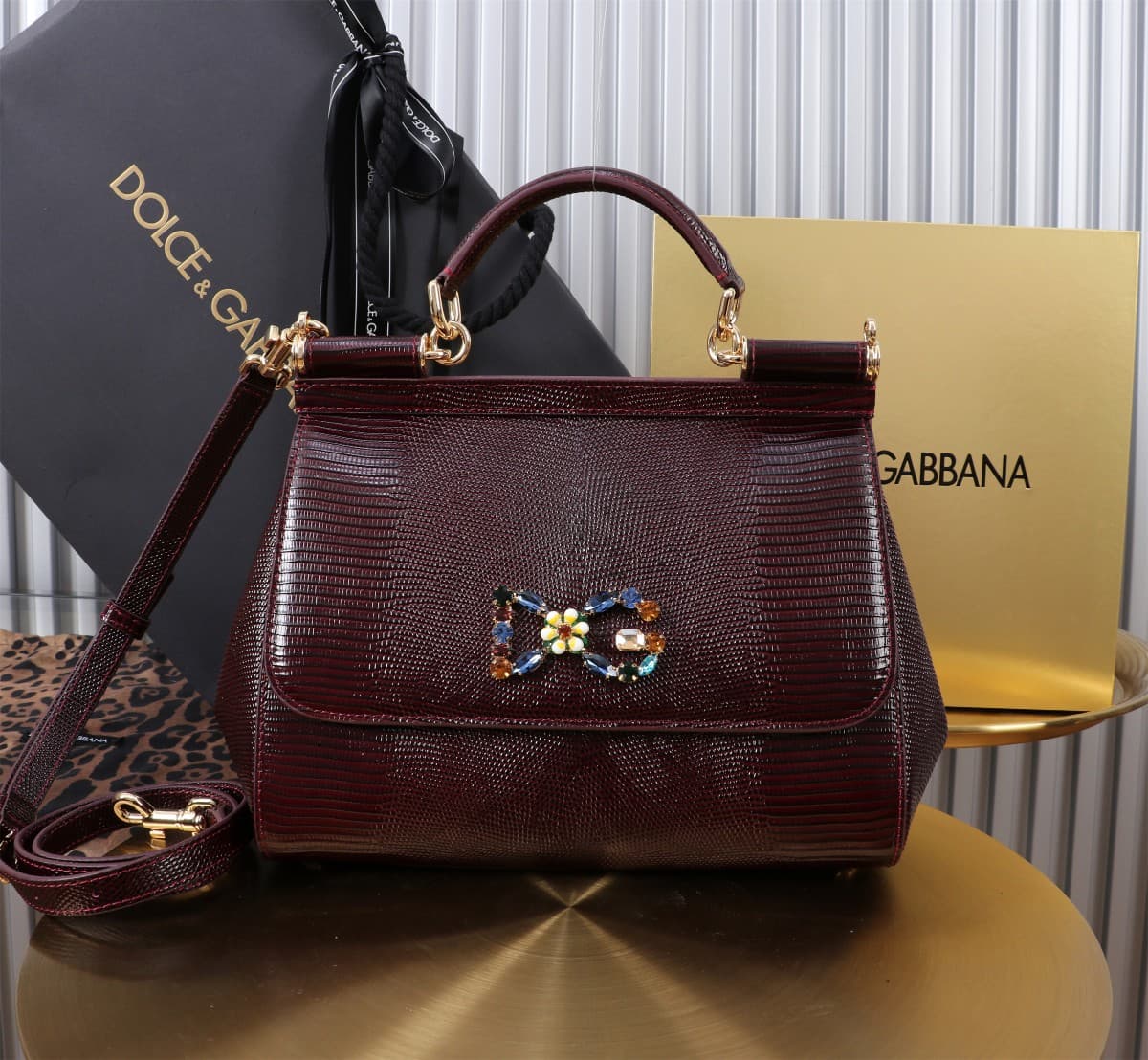 Sicily Handbag 25cm in Iguana Print Calfskin and Crystal DG Logo Patch High