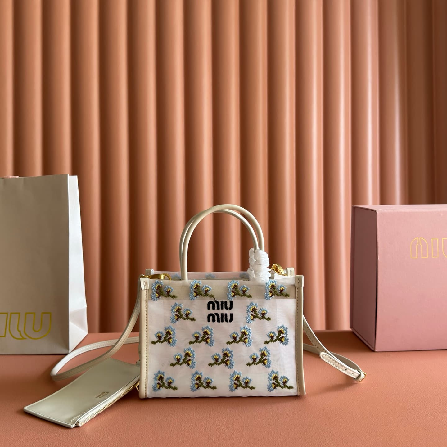 Miu Miu Embroidered Mesh Top-handle bag White Floral Embroidery 5BA310 TOP