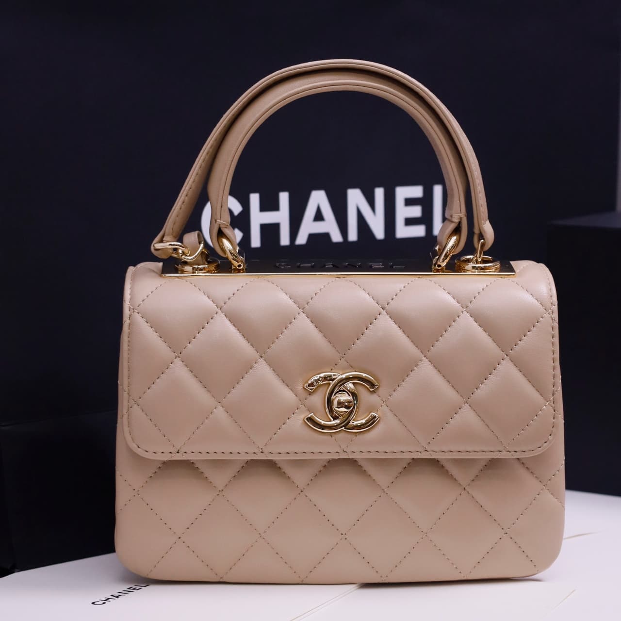 Chanel MINI FLAP BAG WITH TOP HANDLE AS4654 Lambskin &Gold-Tone Metal Beige A